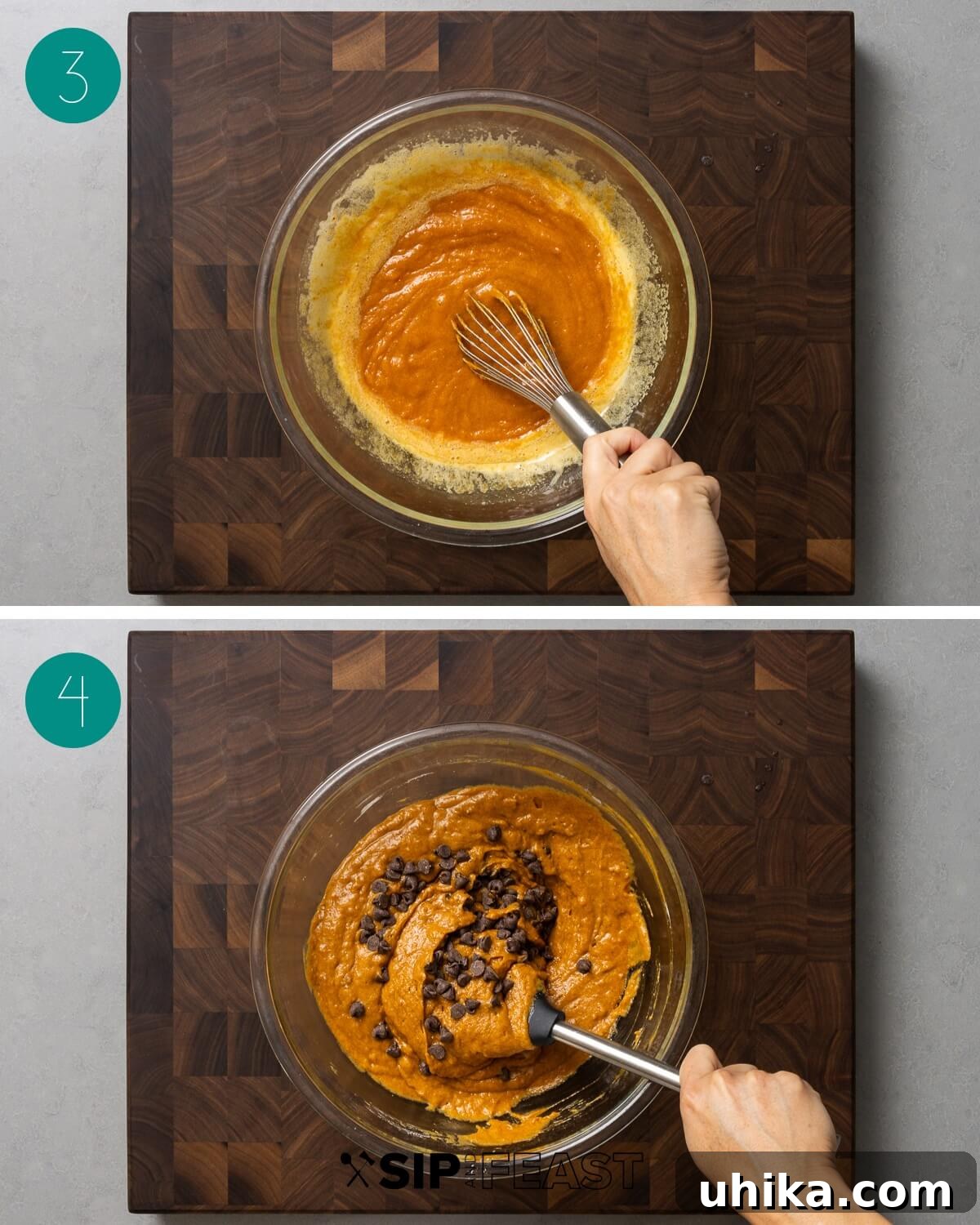 Golden Pumpkin Spice Bread 5 Recipe process shot collage group number two: showing wet ingredients being mixed together.