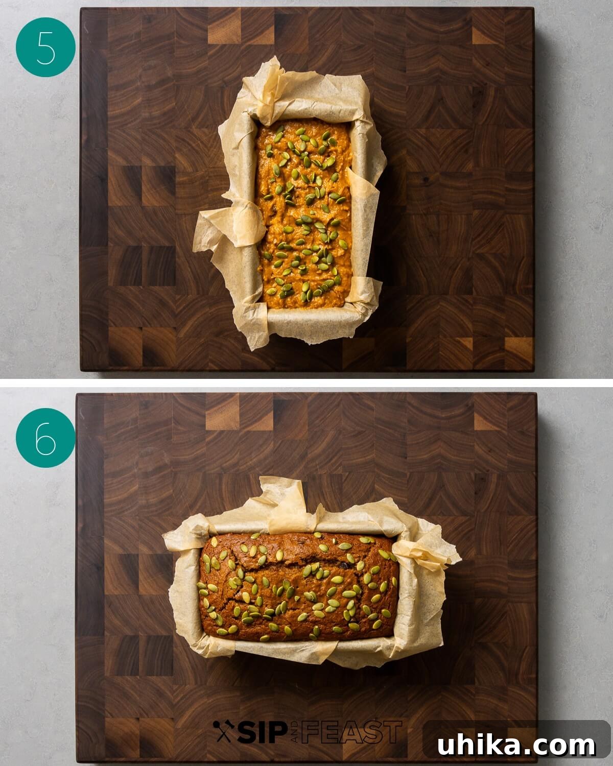 Golden Pumpkin Spice Bread 6 Recipe process shot collage group number three: showing batter in loaf pan with pumpkin seeds and baked pumpkin bread.