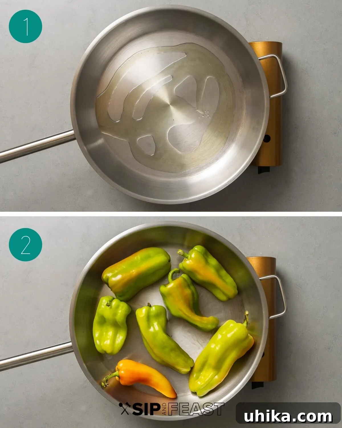 Classic Italian Sautéed Peppers 4 Italian fried peppers recipe process shot collage group number one: pan heating with oil, peppers added.