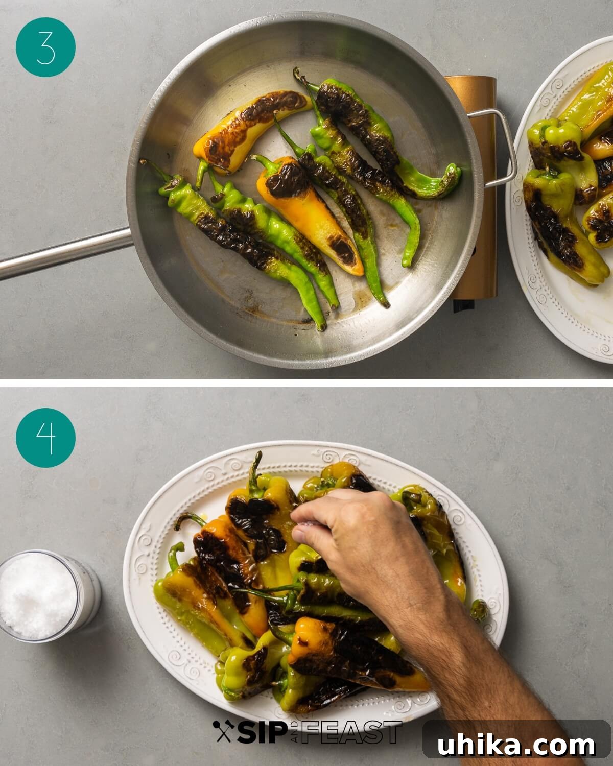 Classic Italian Sautéed Peppers 5 Recipe process shot collage group number two: peppers charring and softening in the pan, then transferred to a platter.