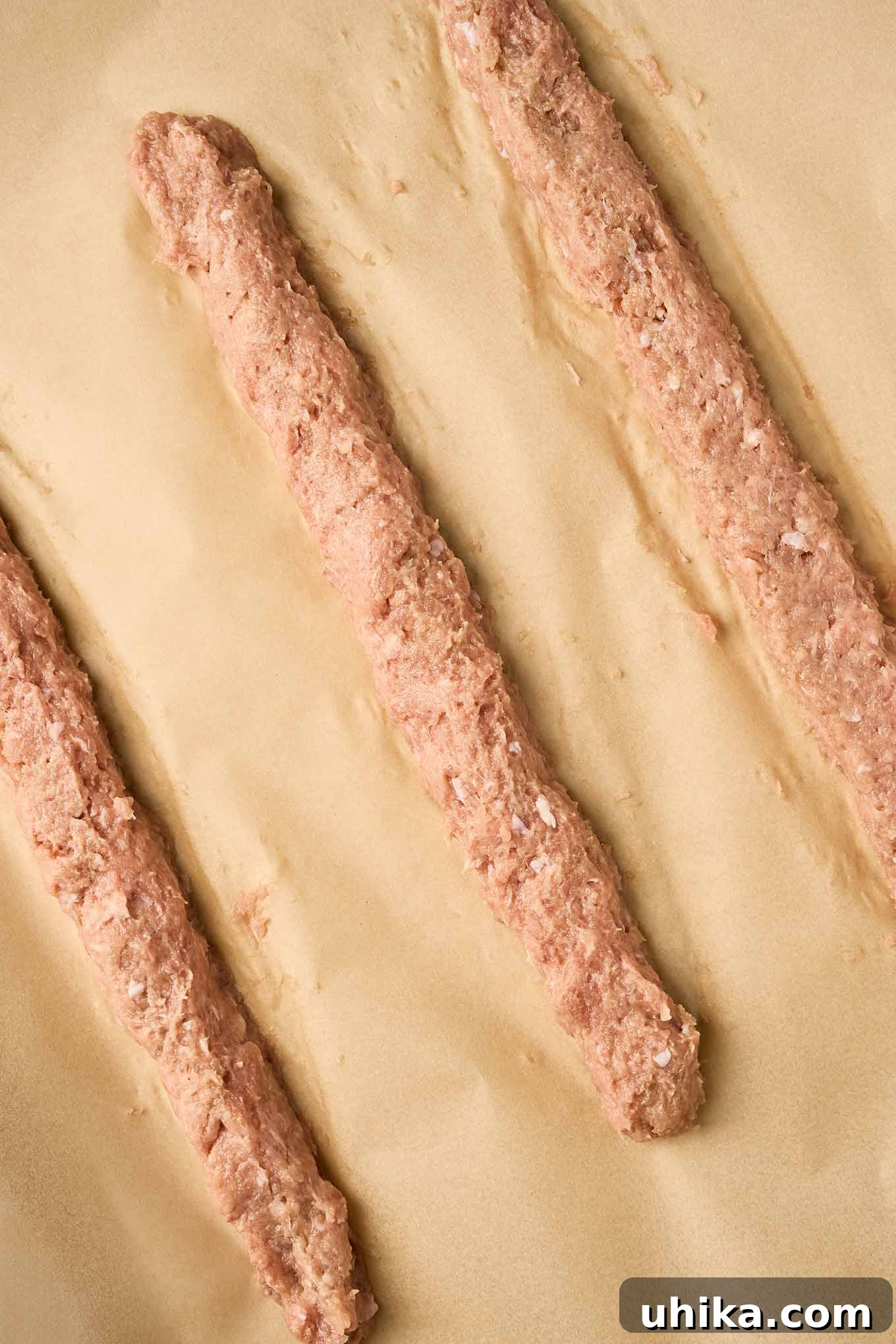 Golden Sausage Puffs 4 Three logs of raw Italian sausage meticulously shaped and arranged on a sheet of thawed puff pastry, ready for the next step in making delicious sausage rolls.