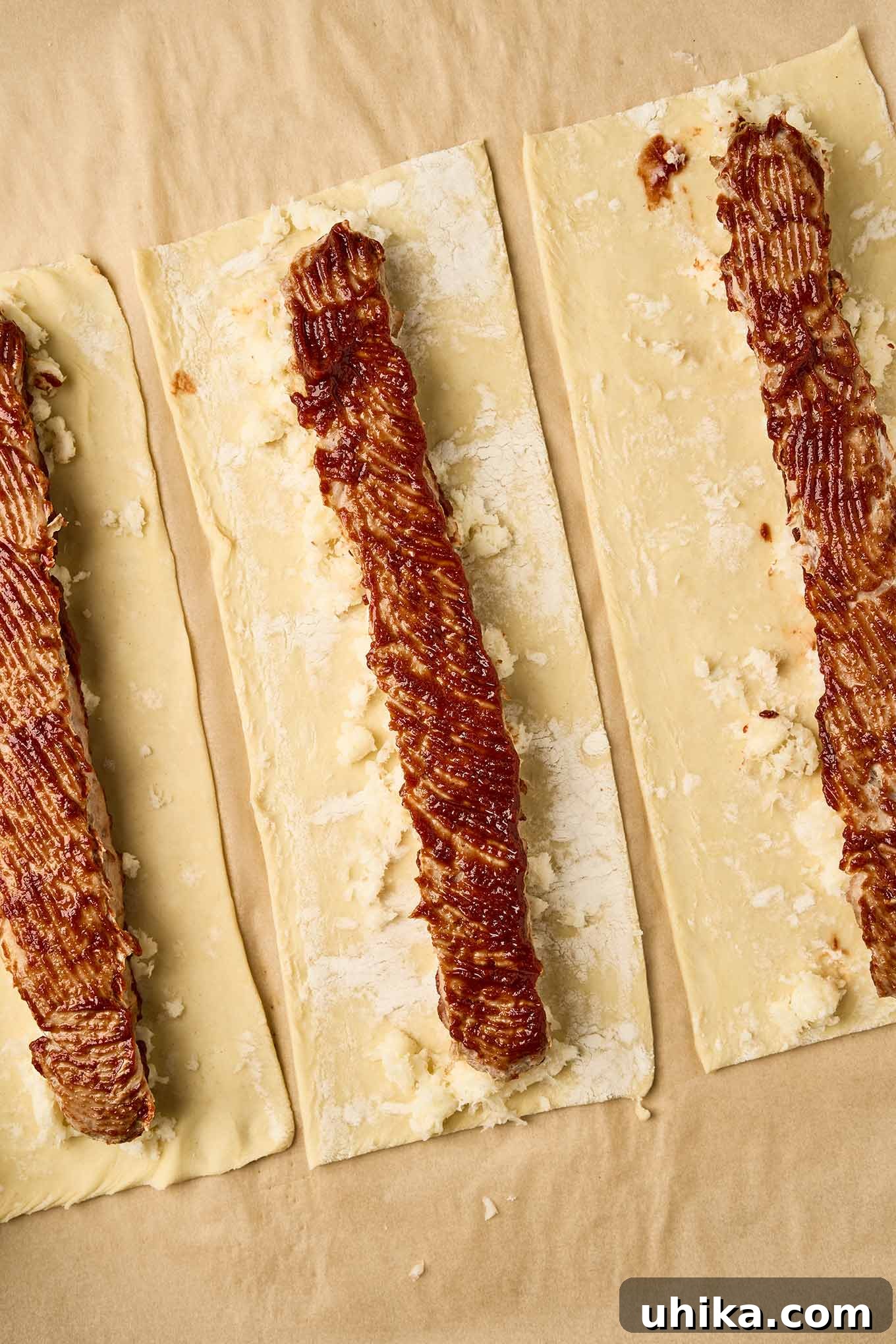 Golden Sausage Puffs 6 Three cooked sausage logs resting on strips of puff pastry, each generously topped with grated provolone cheese, illustrating the assembly process for delicious puff pastry sausage rolls.