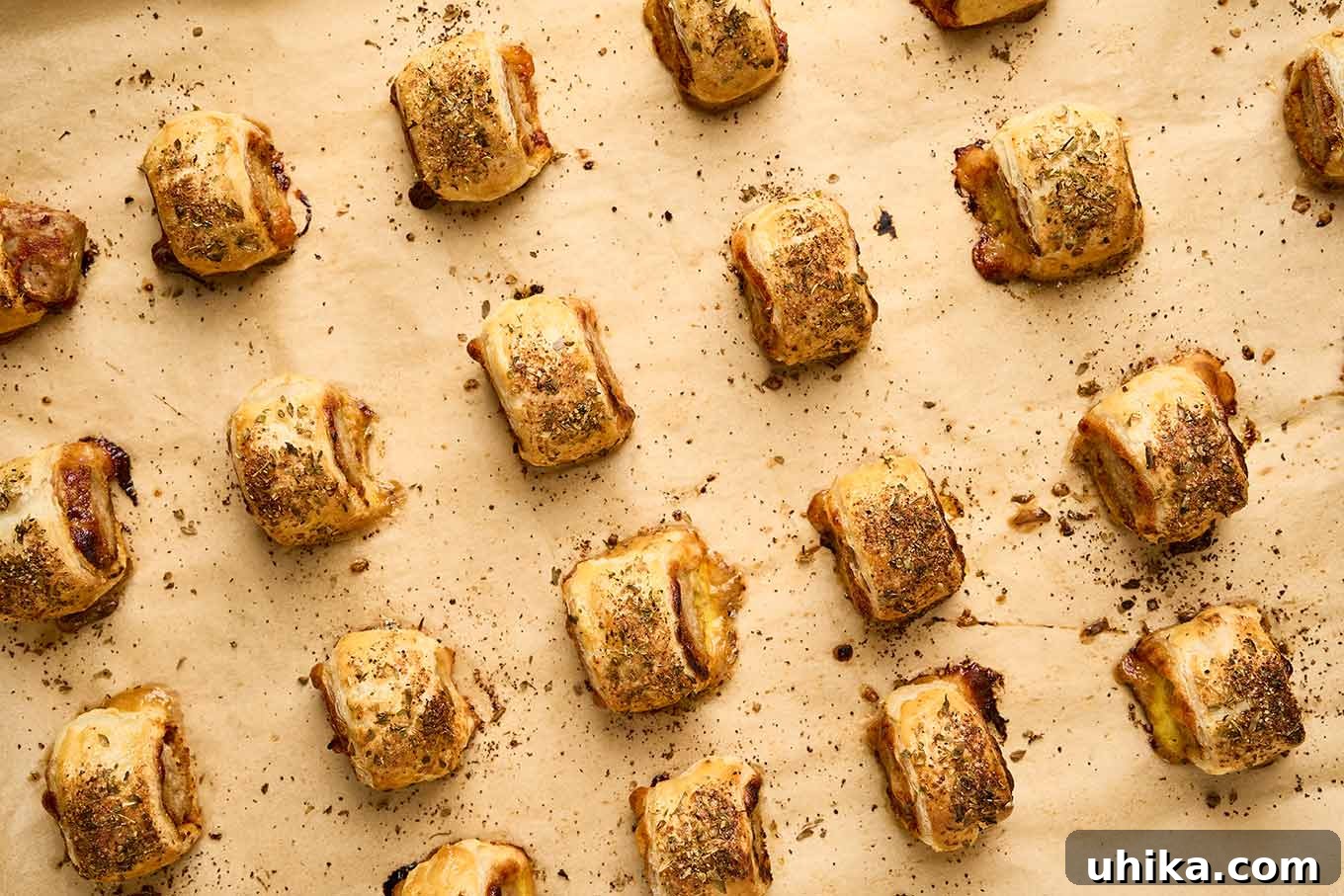 Golden Sausage Puffs 8 A baking sheet filled with freshly baked puff pastry sausage rolls, showcasing their puffed, golden-brown crusts and lightly browned edges, a testament to perfect baking.