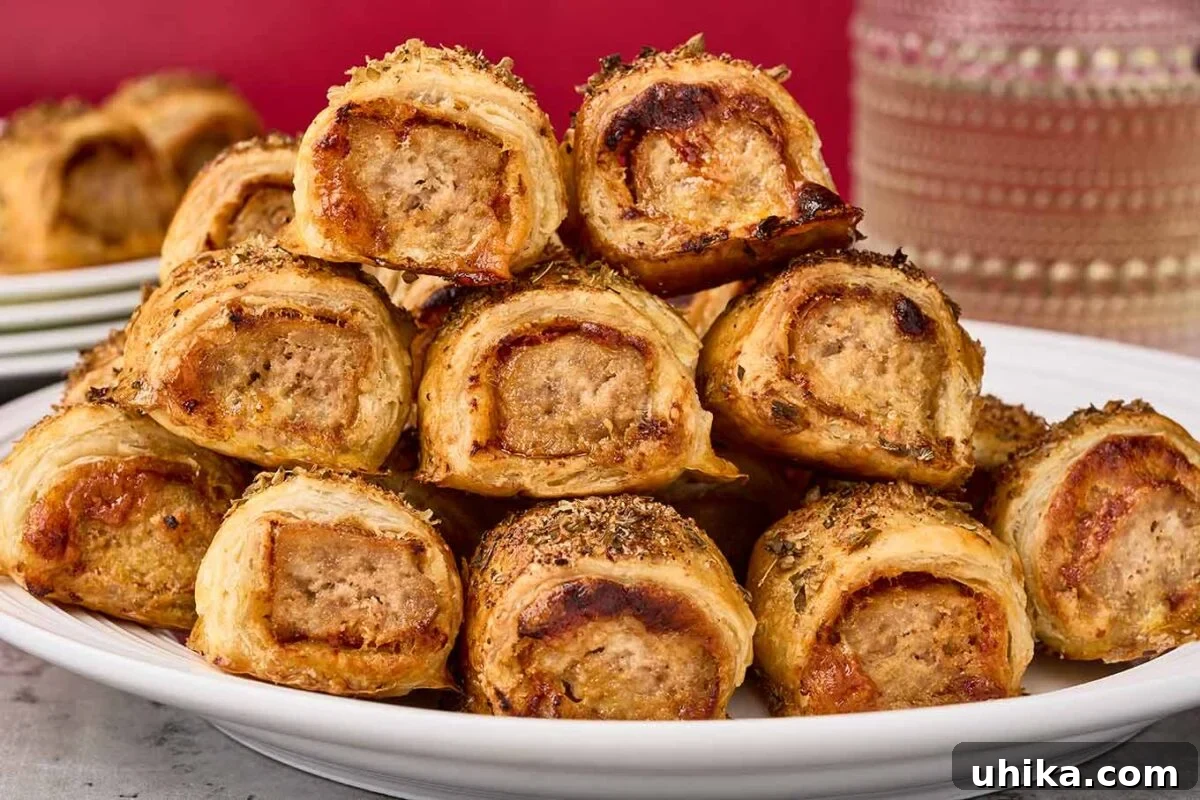 Golden Sausage Puffs 9 A grand platter showcasing an abundance of perfectly baked puff pastry sausage rolls, each with a golden, flaky crust and a savory, seasoned filling, arranged artfully for serving.