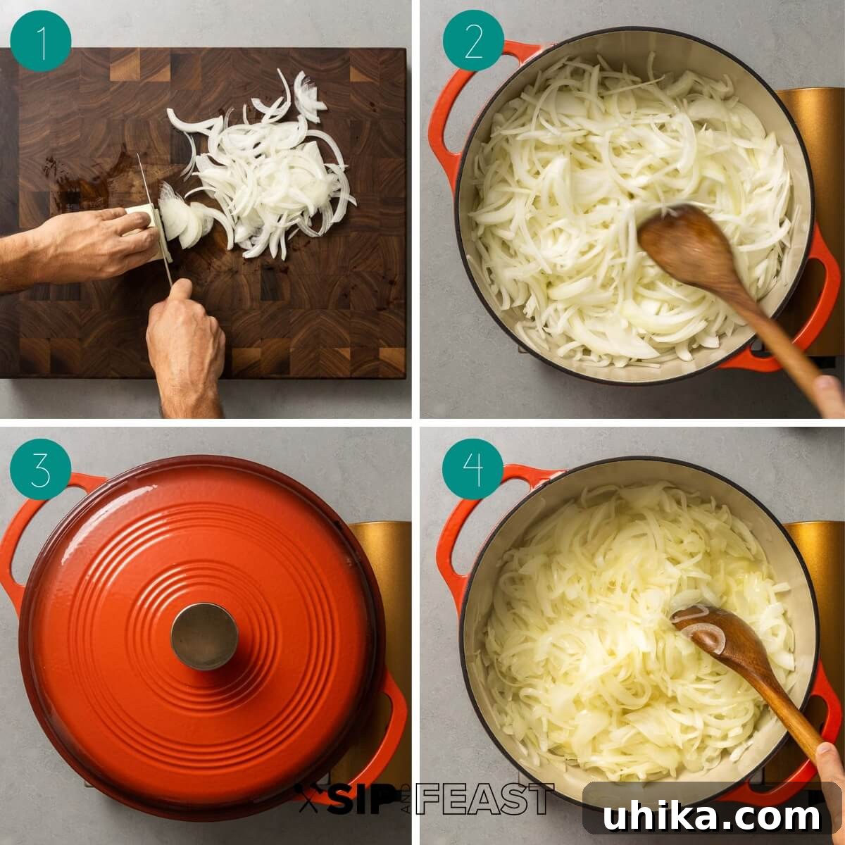 Caramelized Onion Elegance 4 French onion soup recipe process shot collage group one, showing initial onion cooking.