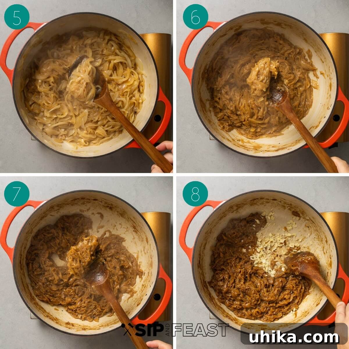 Caramelized Onion Elegance 5 Recipe process shot collage group two, demonstrating continued onion caramelization.