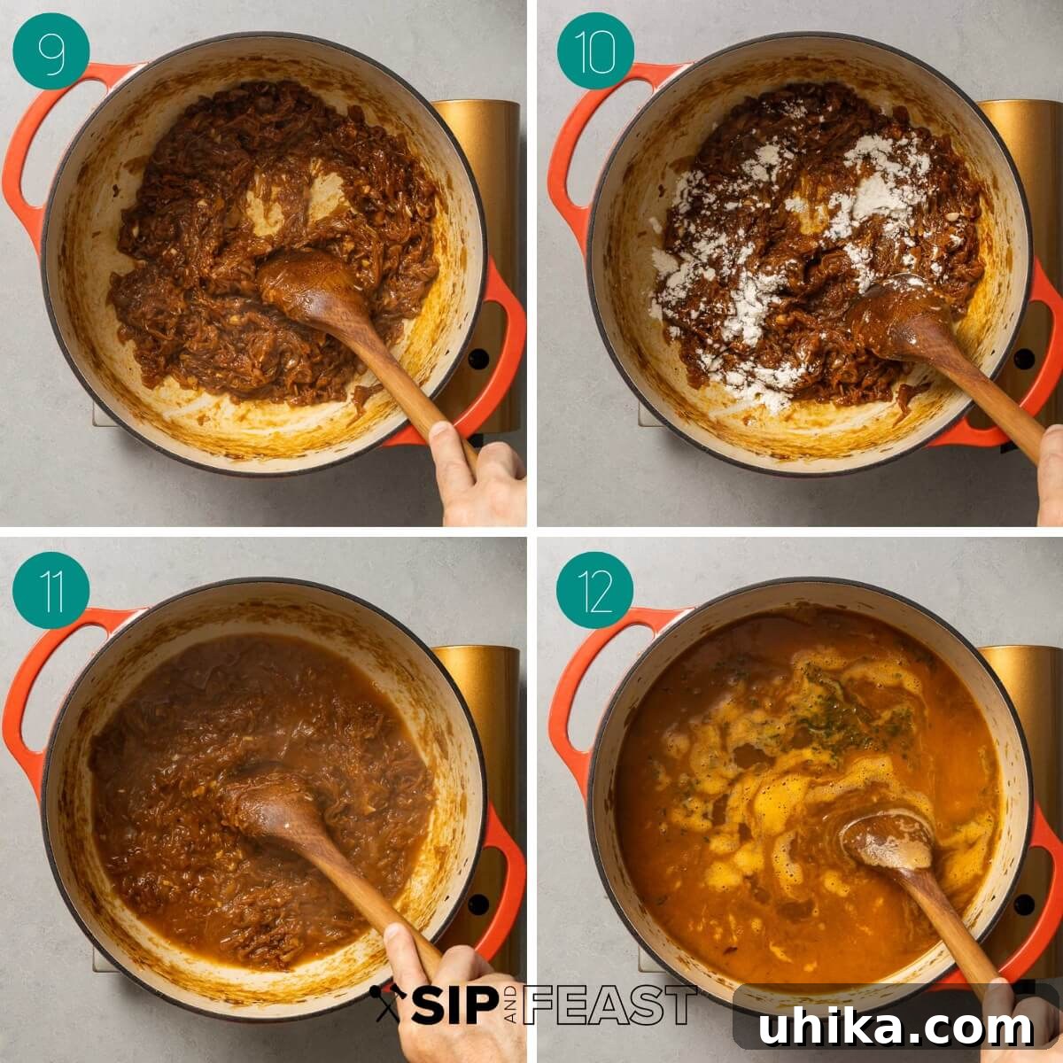 Caramelized Onion Elegance 6 Recipe process shot collage group three, showing the addition of garlic, tomato paste, and flour.