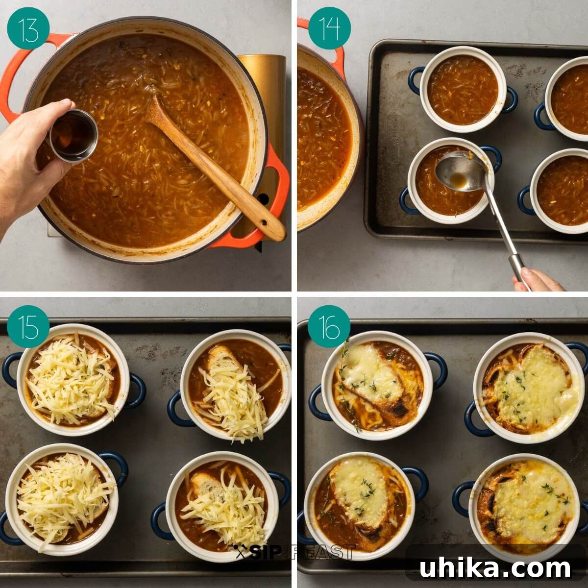 Caramelized Onion Elegance 7 Recipe process shot collage group four, showing the finished soup and prepared toppings.