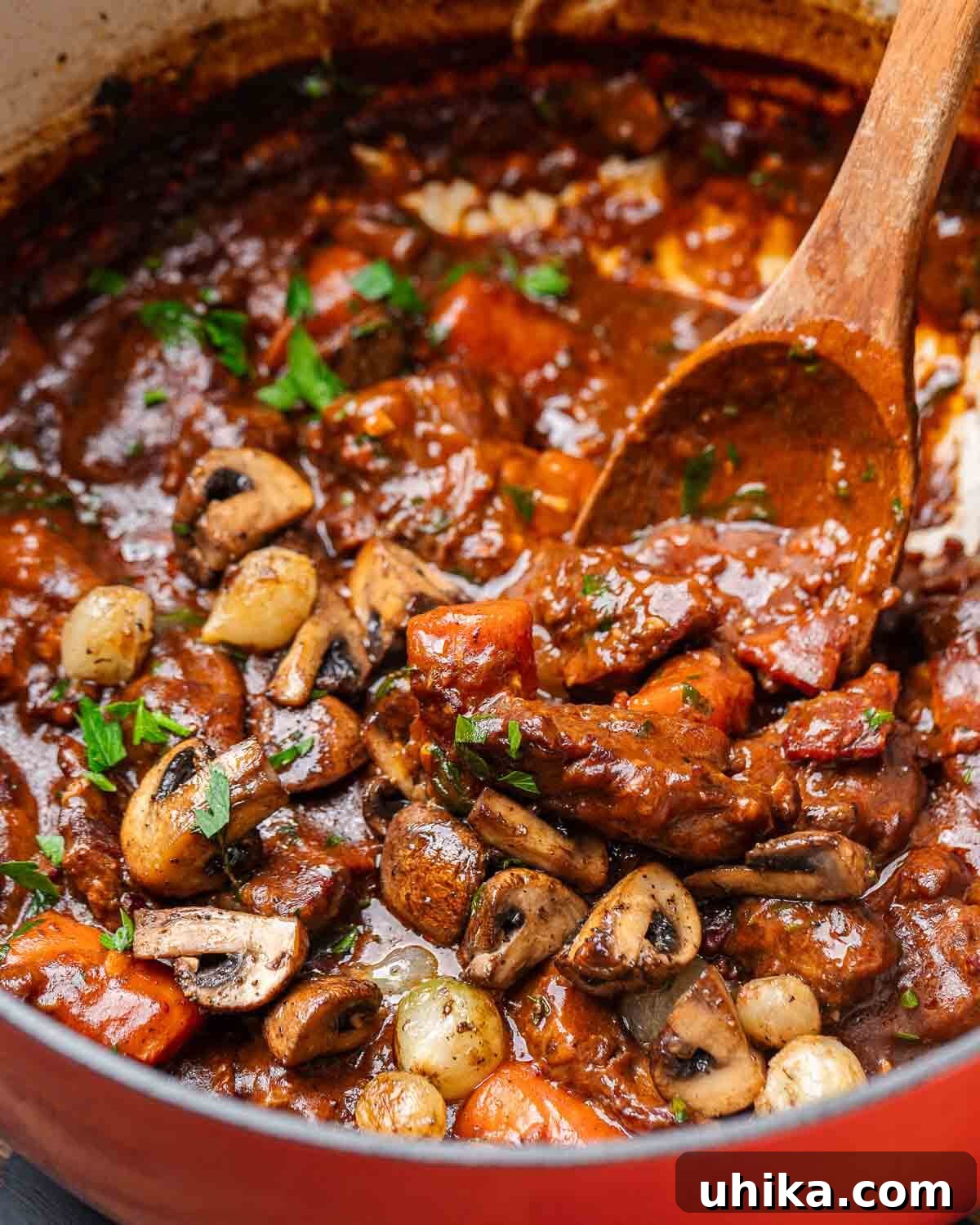 Beef Bourguignon: An Unrivaled Classic Stew 2 Closeup shot of Beef Bourguignon in Dutch oven pot.