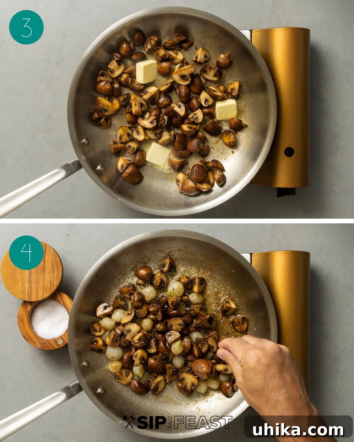 Beef Bourguignon: An Unrivaled Classic Stew 9 Mushroom and pearl onions collage number two.