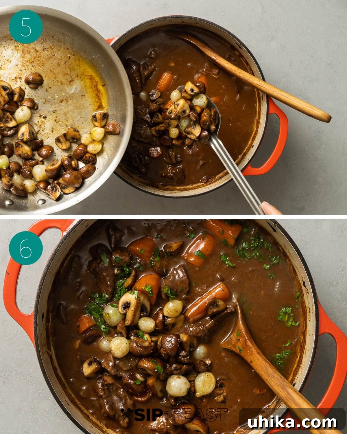 Beef Bourguignon: An Unrivaled Classic Stew 10 Mushroom and pearl onions collage number three.