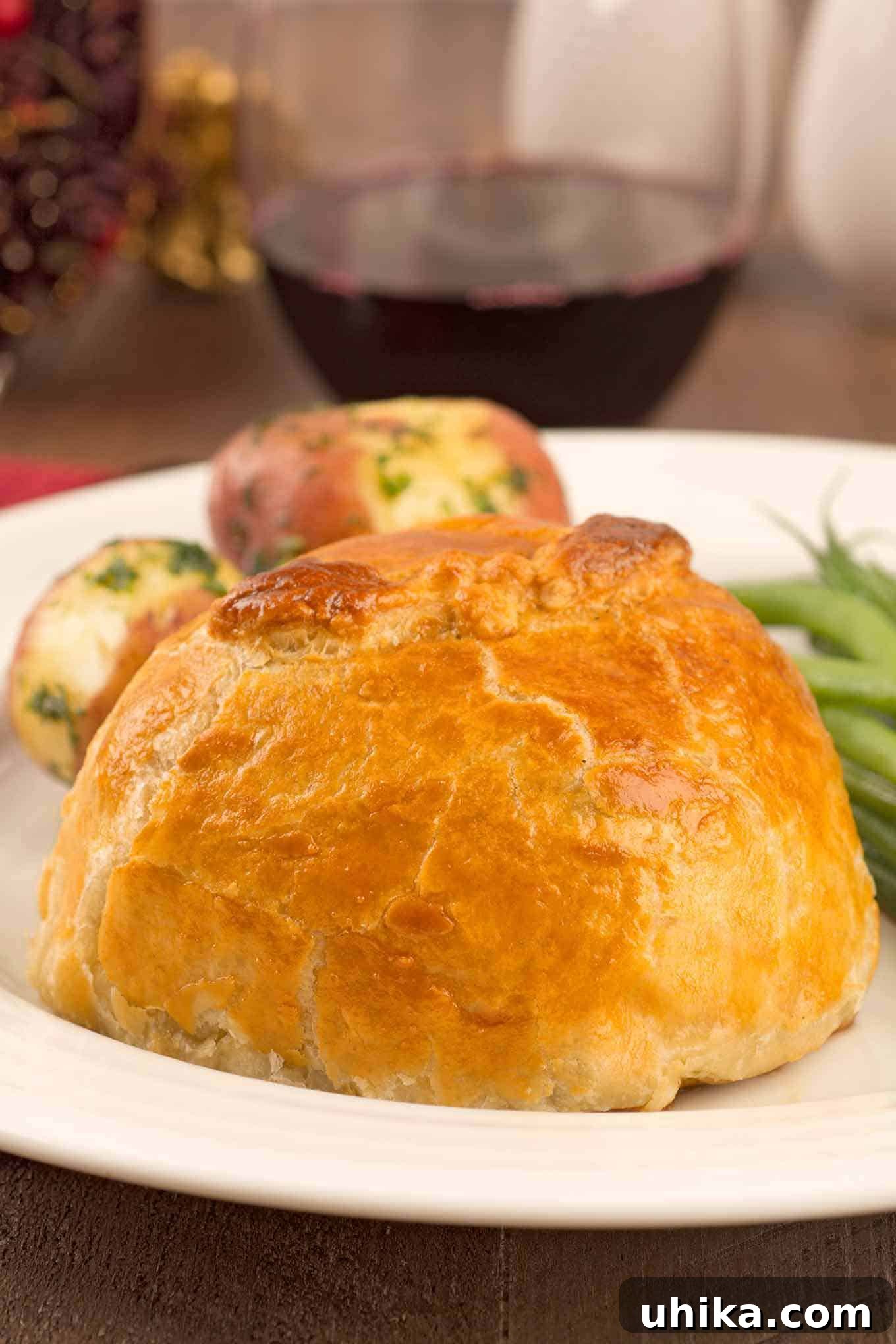 Petite Beef Wellington 3 A plate with a whole, single serving beef Wellington before cutting with parslied new potatoes, and haricot vert.