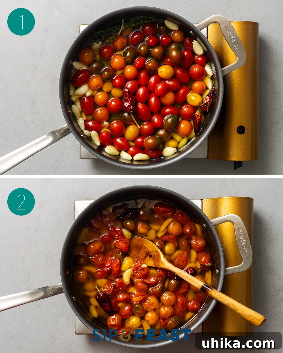 Rich Roasted Tomato Jewels 4 A collage of process shots showing ingredients being added to a pan for tomato garlic confit, and the mixture gently simmering.