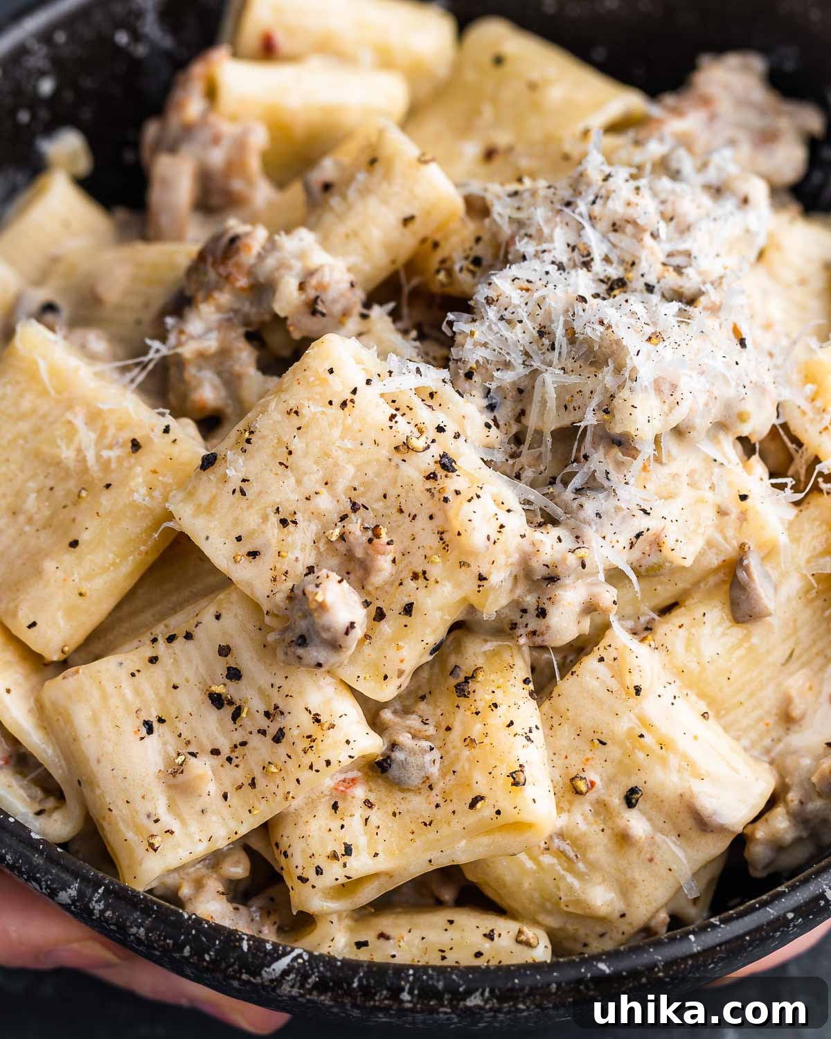 Pasta alla Norcina: Where Tradition Meets Practicality 6 Pasta alla Norcina held in black bowl.