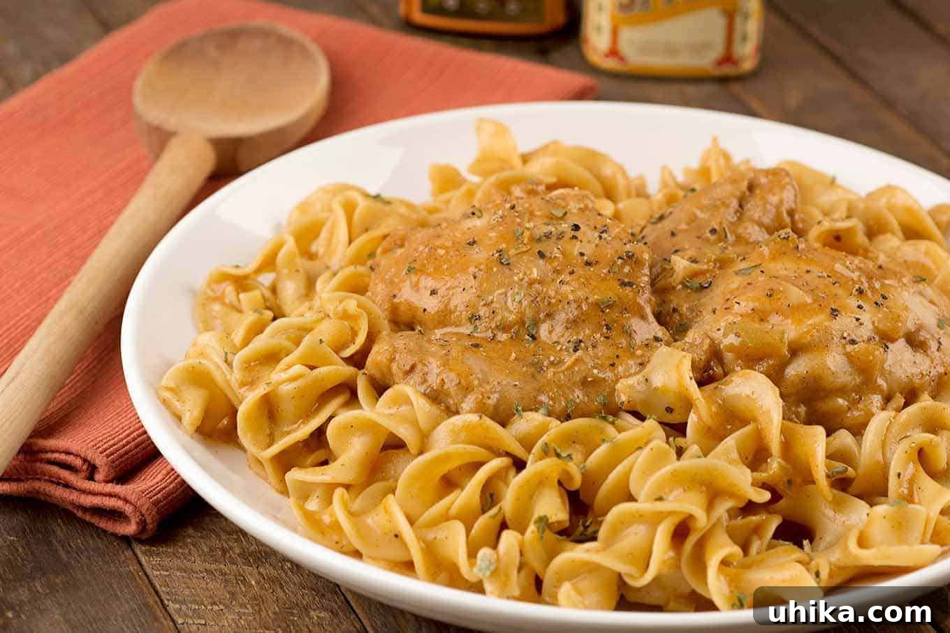 Creamy Instant Pot Chicken Paprikash 3 Creamy chicken paprikash featuring tender chicken thighs in a smooth, paprika-infused sauce, nestled on a bed of egg noodles.
