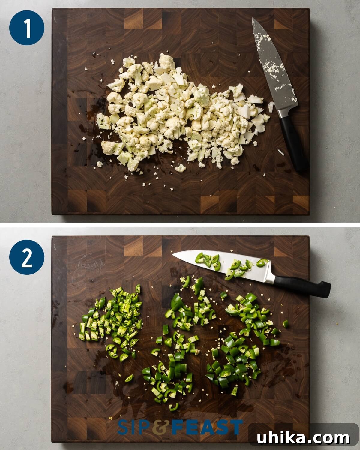 Zesty Garden Relish 4 A collage of process shots showing various chopped vegetables for giardiniera, including cauliflower florets and diced serrano and jalapeno peppers.