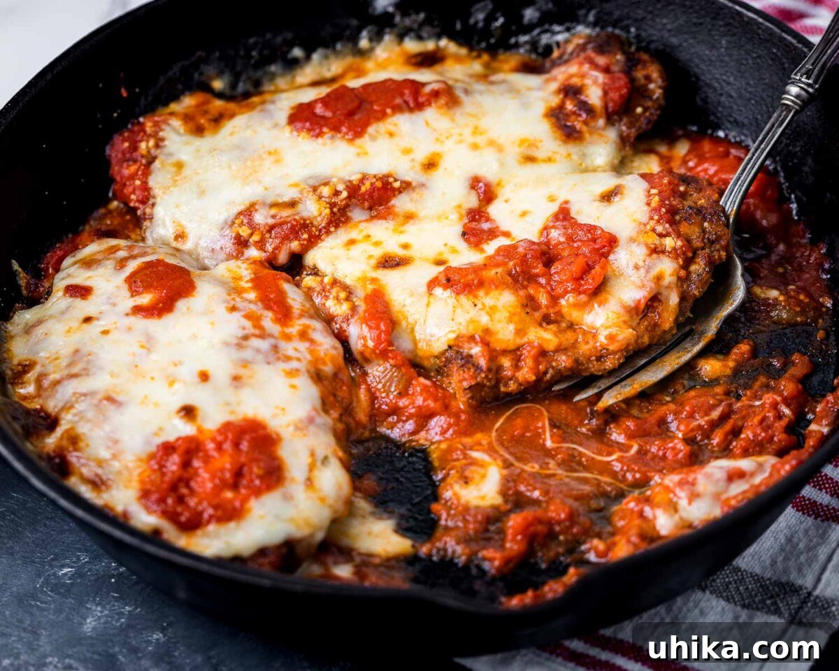 Chicken parm in cast iron pan.