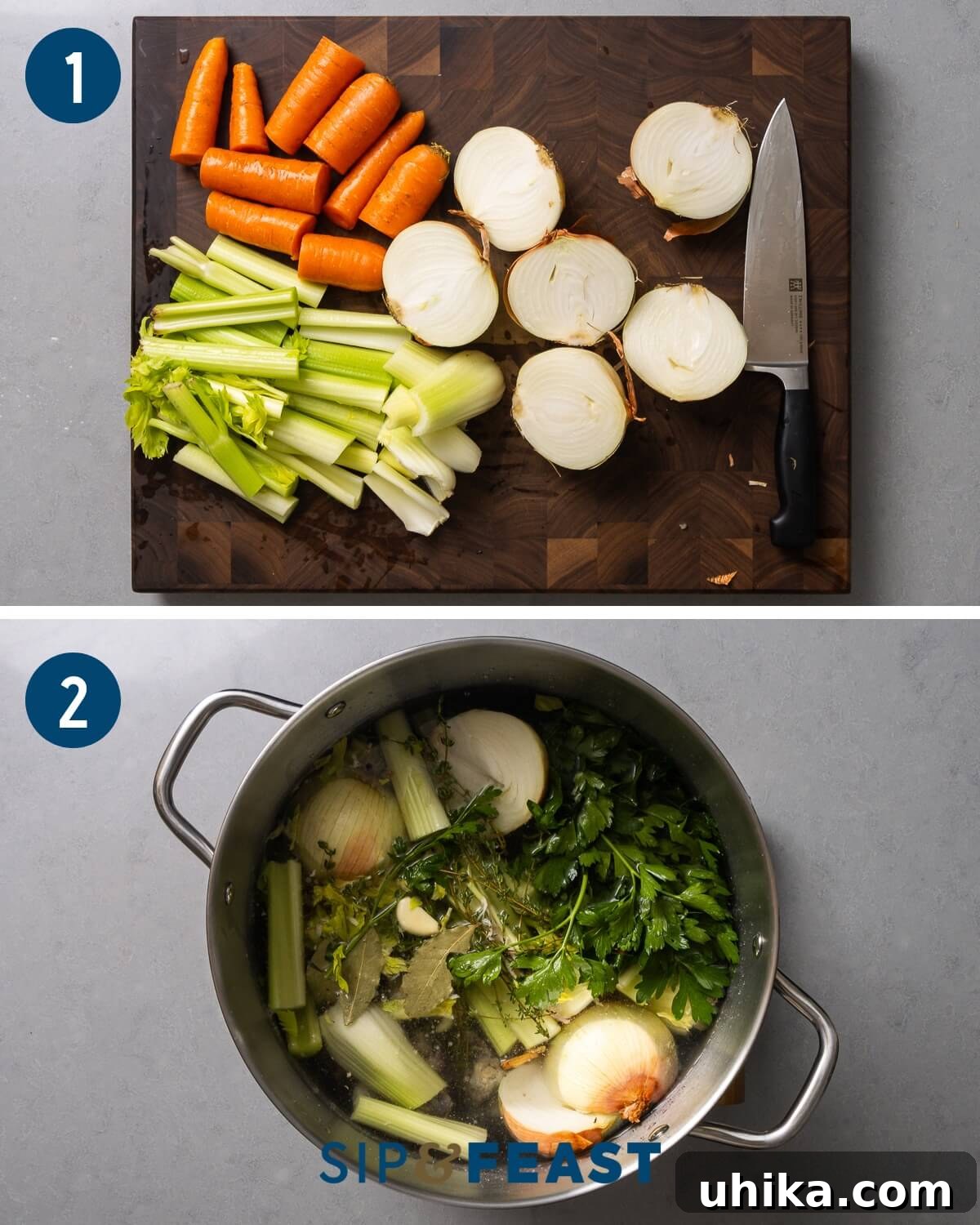Homemade Liquid Gold 4 Chicken stock recipe process shot collage group number one showing cut ingrdients on cutting board and large stockpot filled with all of the ingredients on burner.