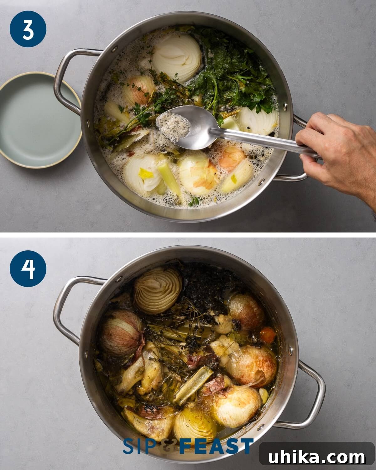 Homemade Liquid Gold 5 Recipe collage group number two showing skimming of fat and stockpot after 4 hours of cooking.