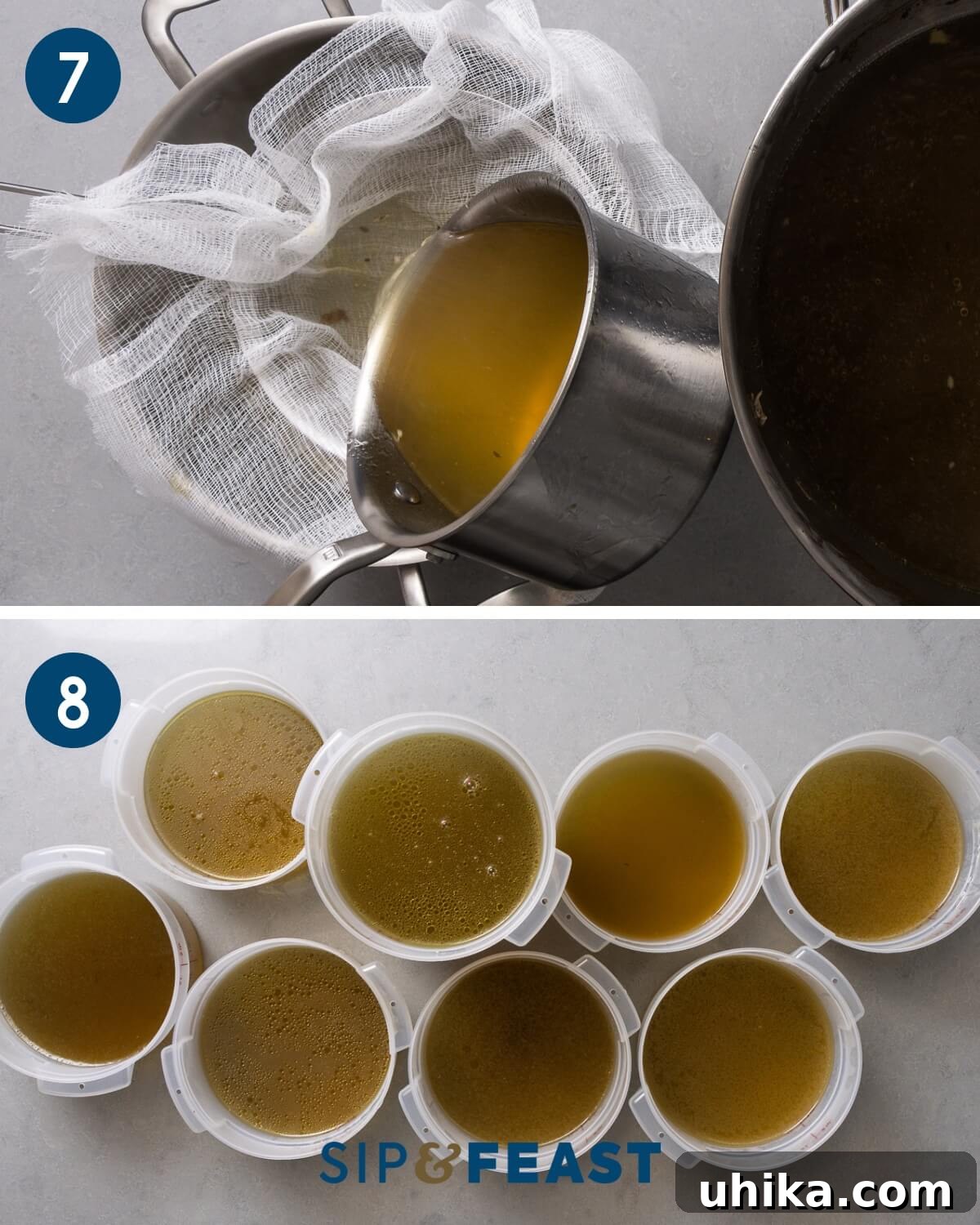 Homemade Liquid Gold 7 Collage number four showing small pot pouring chicken stock over cheesecloth lined strainer and table with 8 containers of chicken stock.