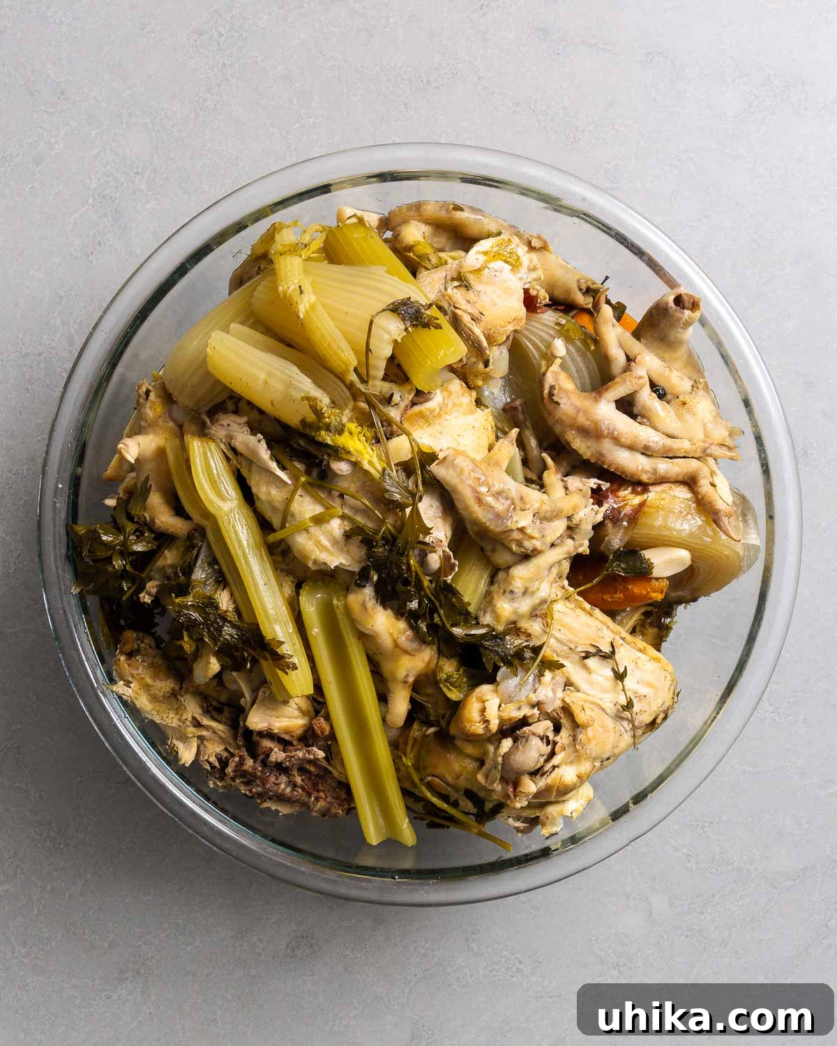 Homemade Liquid Gold 8 Cooked ingredients from stock in large bowl, ready for potential remouillage or composting.