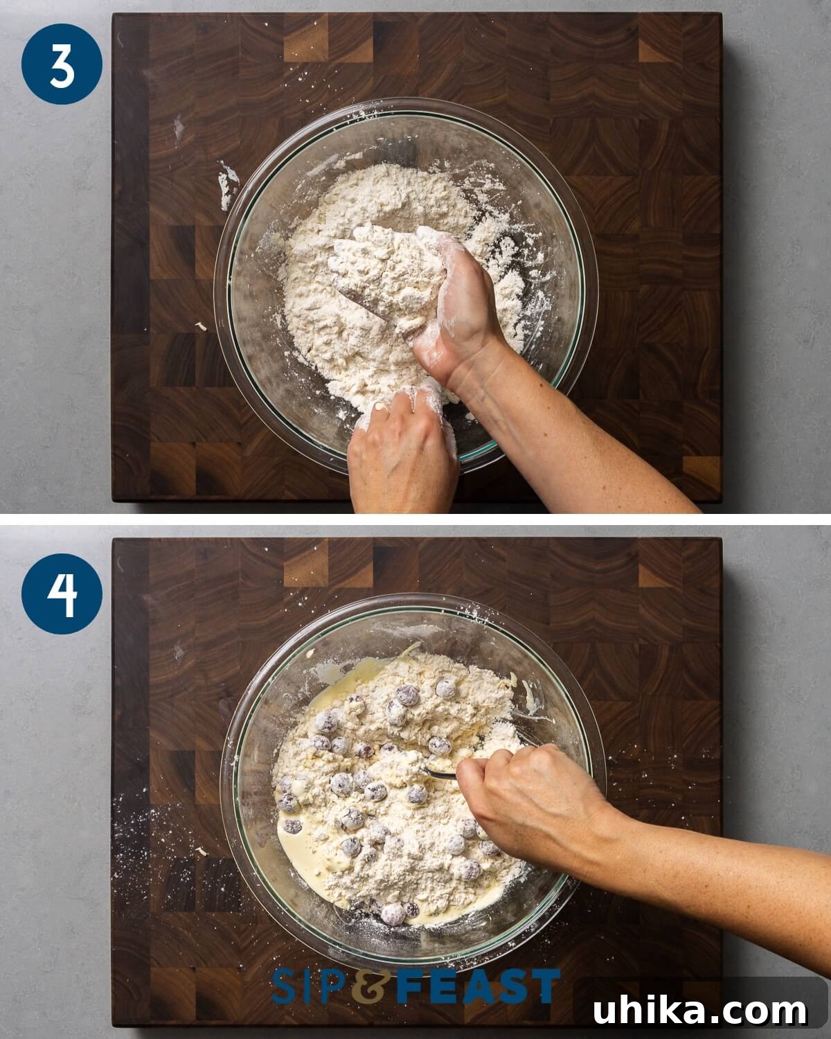 Recipe collage number two showing mixing butter into dry ingredients and mixing wet ingredients and cranberries into bowl.