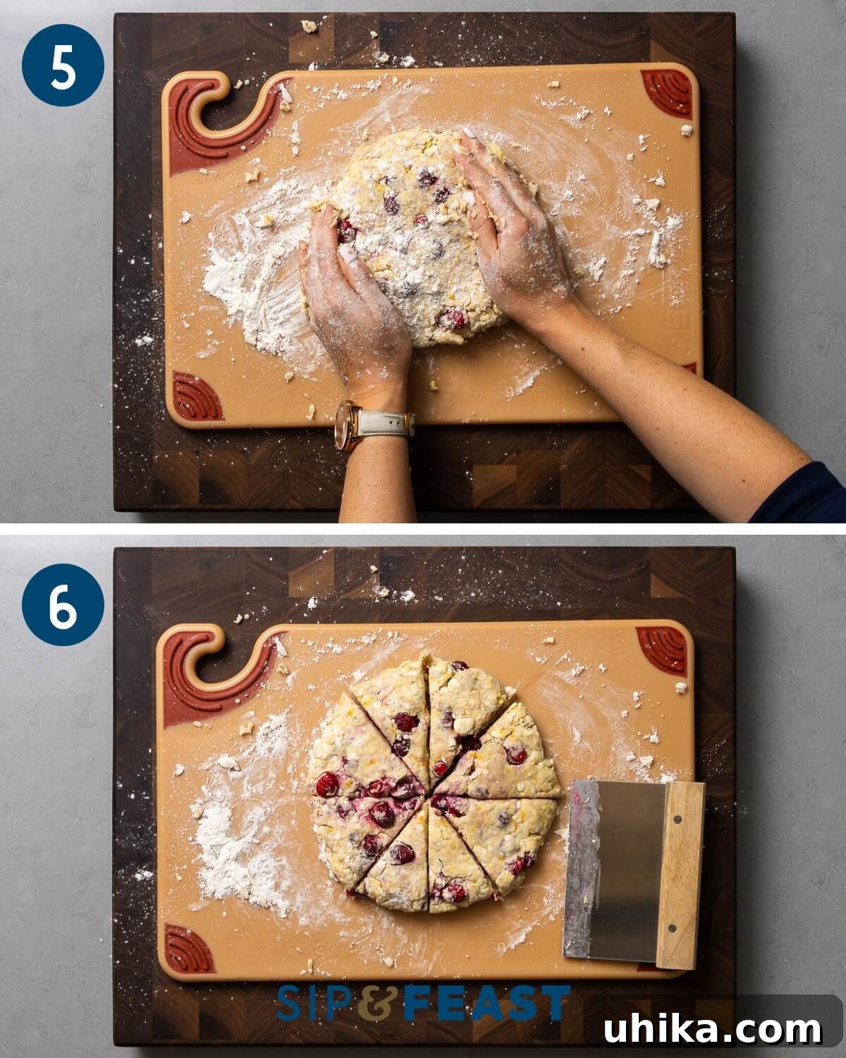 Recipe collage number three showing forming of round dough ball cutting the dough into 8 scones.
