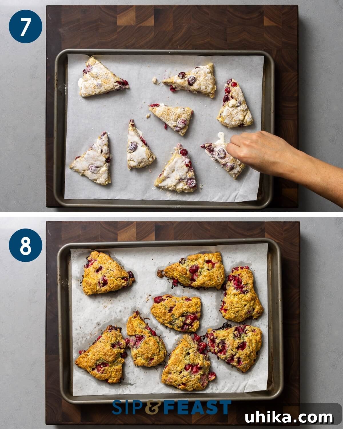 Recipe collage number four showing brushing scones with cream and topping with turbinado sugar along with the finished product after baking.