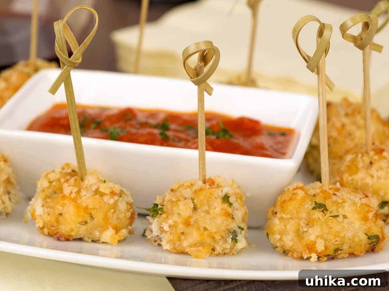 Golden Cheesy Chicken Poppers 3 A close view of crispy chicken bites skewered with loop-ended bamboo skewers surrounding a small bowl of marinara dipping sauce.