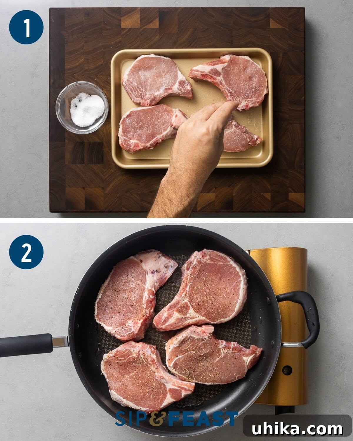 Pork chops with apples recipe collage group one showing dry brining of pork chops and searing of chops in a black pan, emphasizing the first steps of preparation.