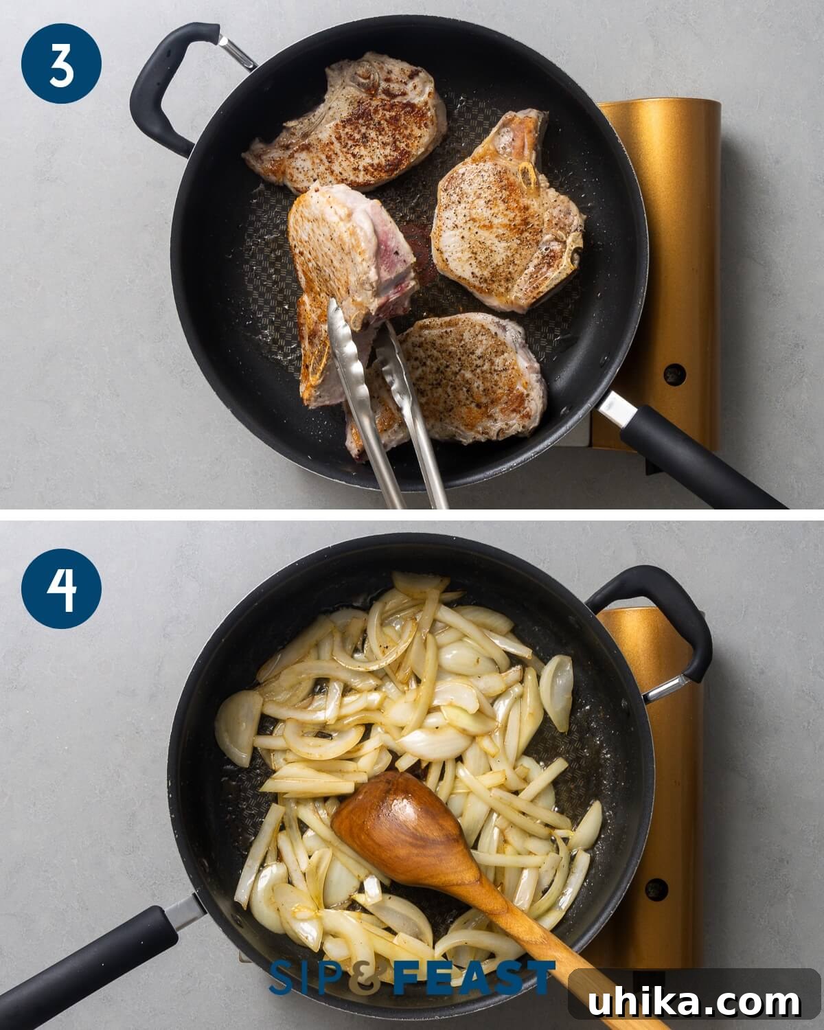Recipe collage two showing the searing of pork chops in a skillet and the subsequent sautéing of sliced onions in the same pan, capturing the development of flavor.