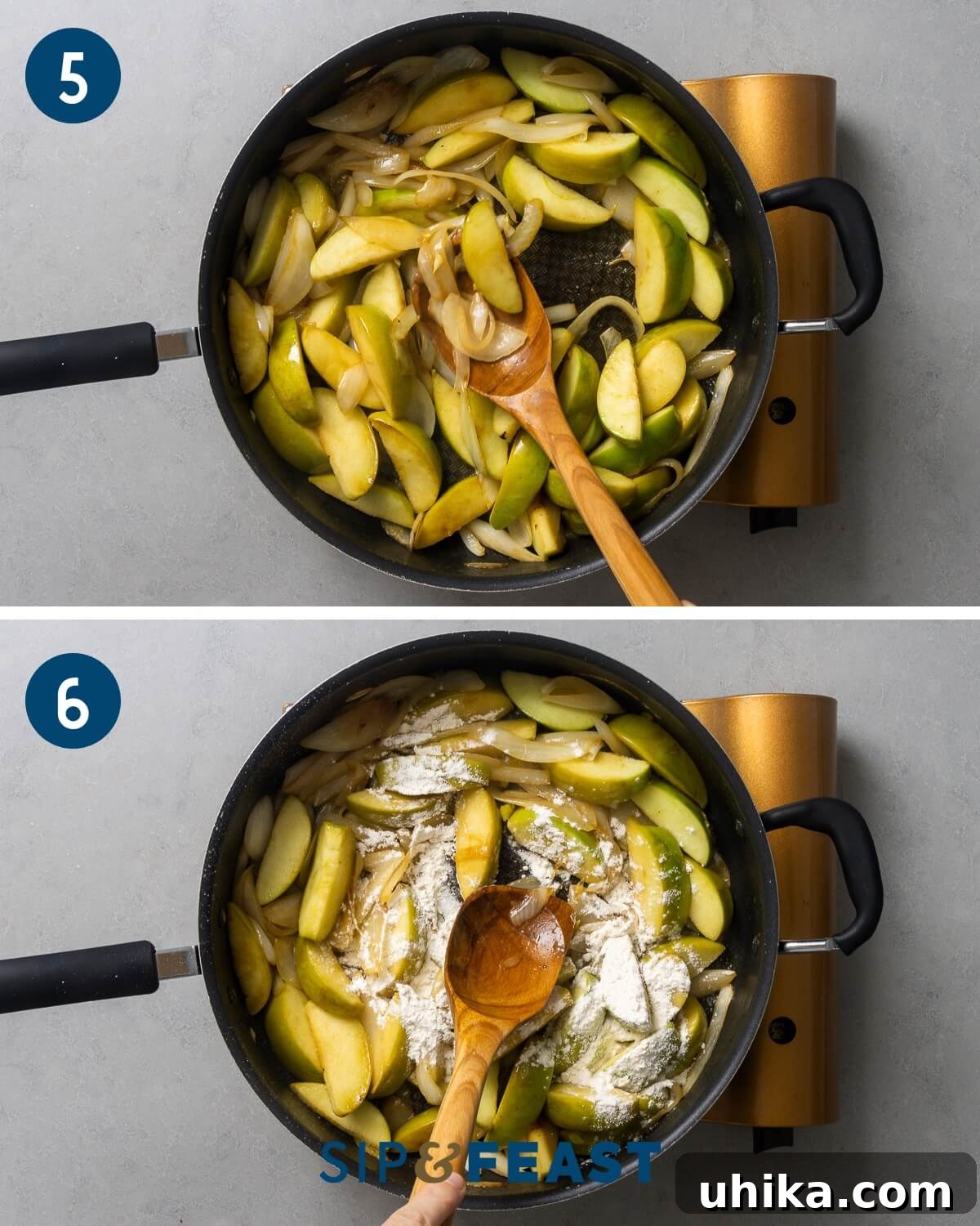Recipe collage three showing the sautéing of apples with onions and the addition of flour to the pan to start building the sauce.