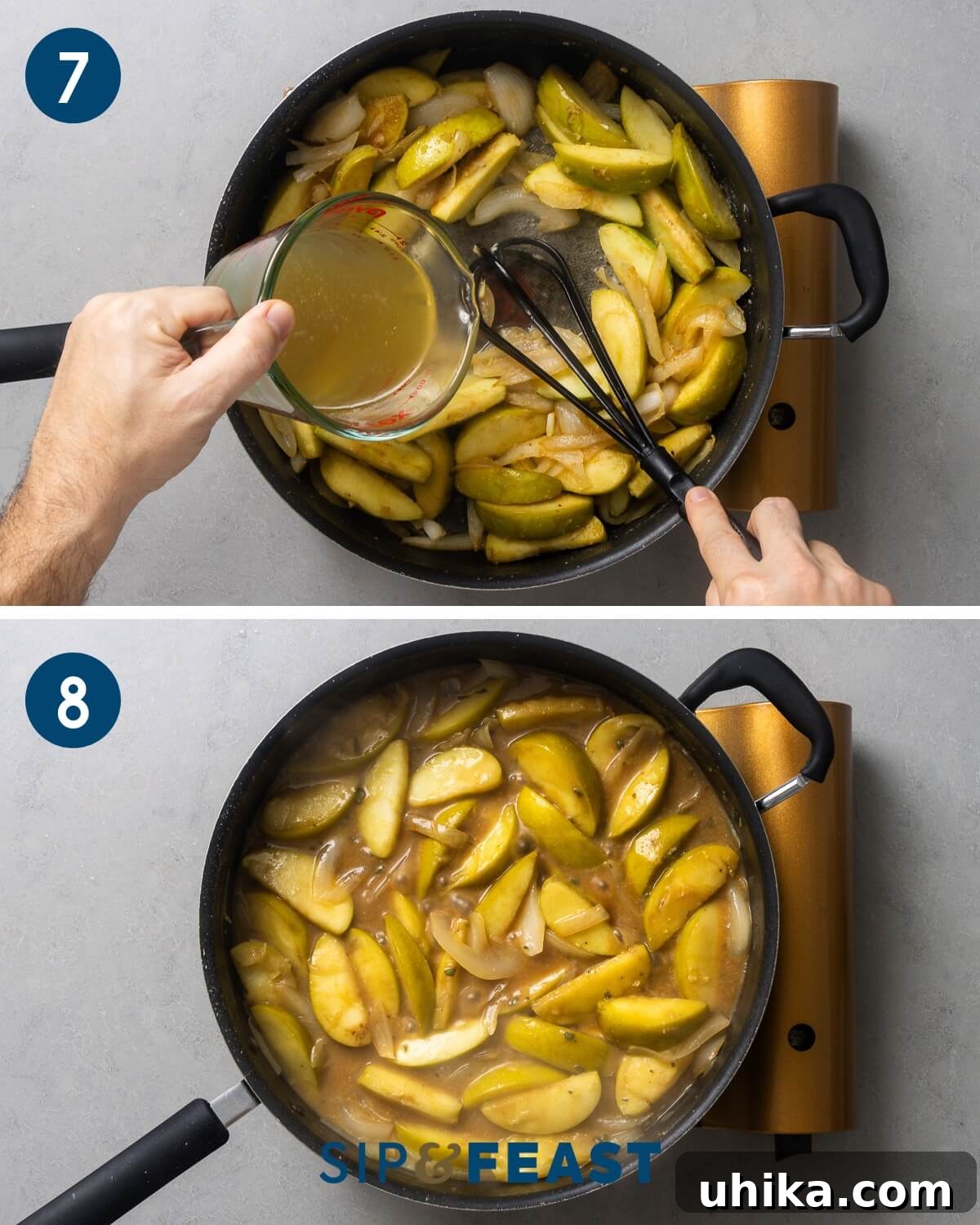 Recipe collage four showing the careful whisking of chicken stock into the pan mixture and the subsequent simmering of the gravy as it thickens.
