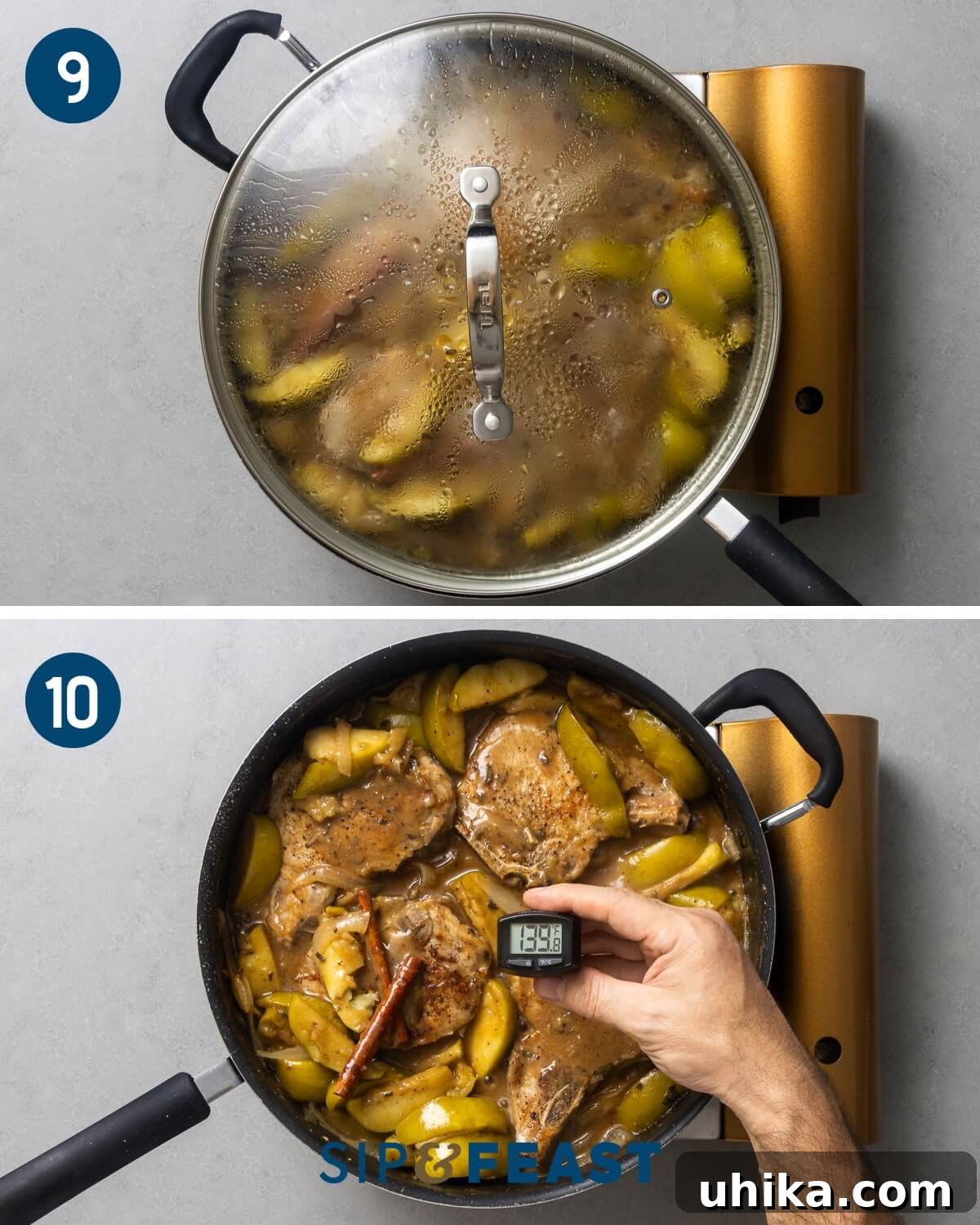 Recipe collage five showing the final stage of braising pork chops in the sauce and checking the internal temperature of the meat with a thermometer to ensure perfect doneness.