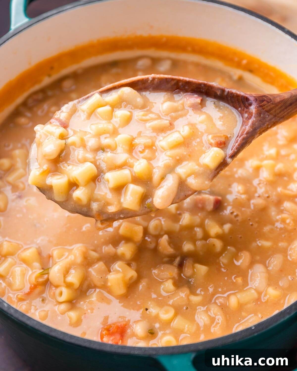 Pasta Fazool: The Dish, The Dialect, The Delight 4 Large wooden ladle holding pasta fagioli over Dutch oven pot.