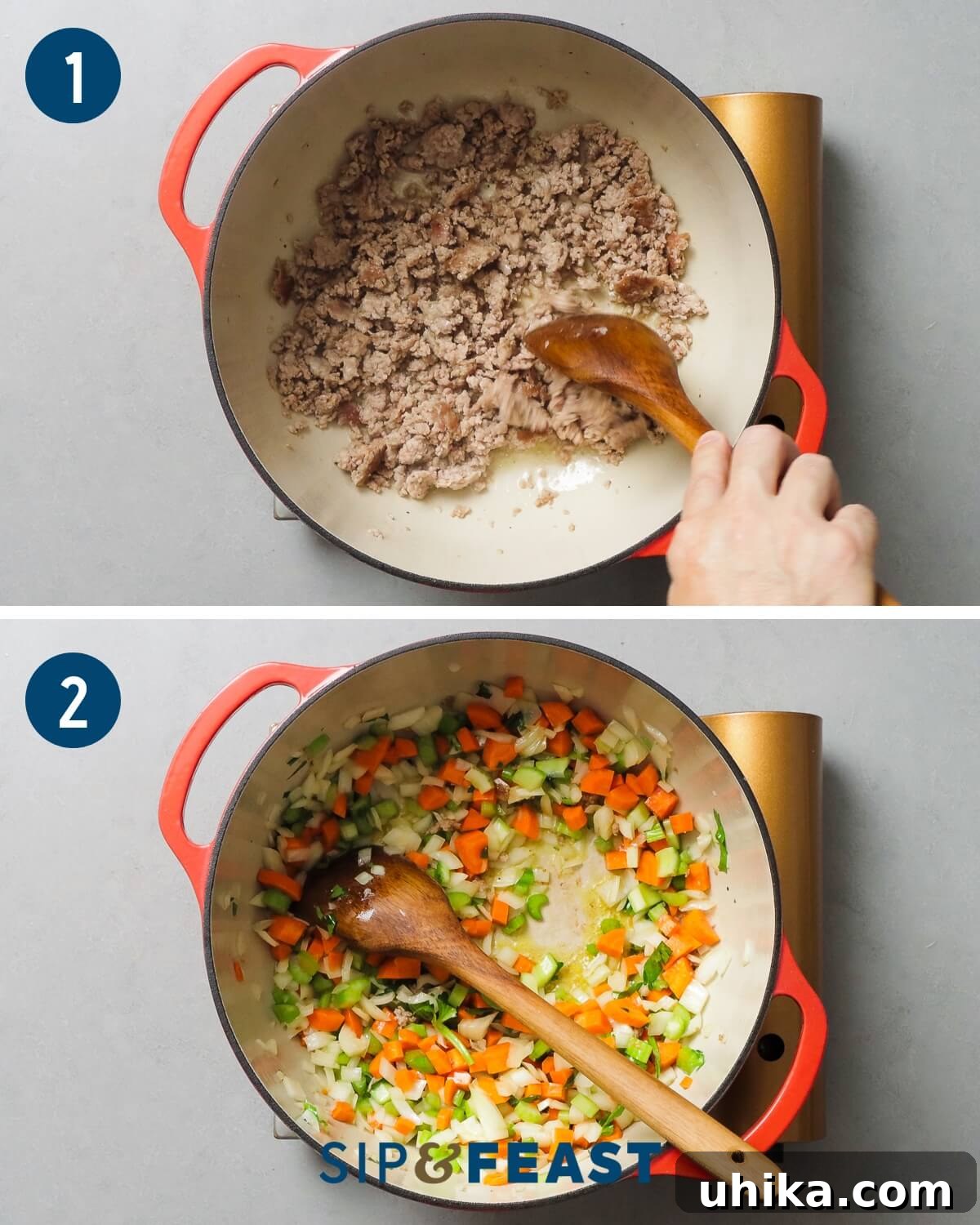 Rustic Sausage and Lentil Pot 4 Sausage lentil soup recipe collage number one showing browning of sausage in Dutch oven and sauteing of vegetables.