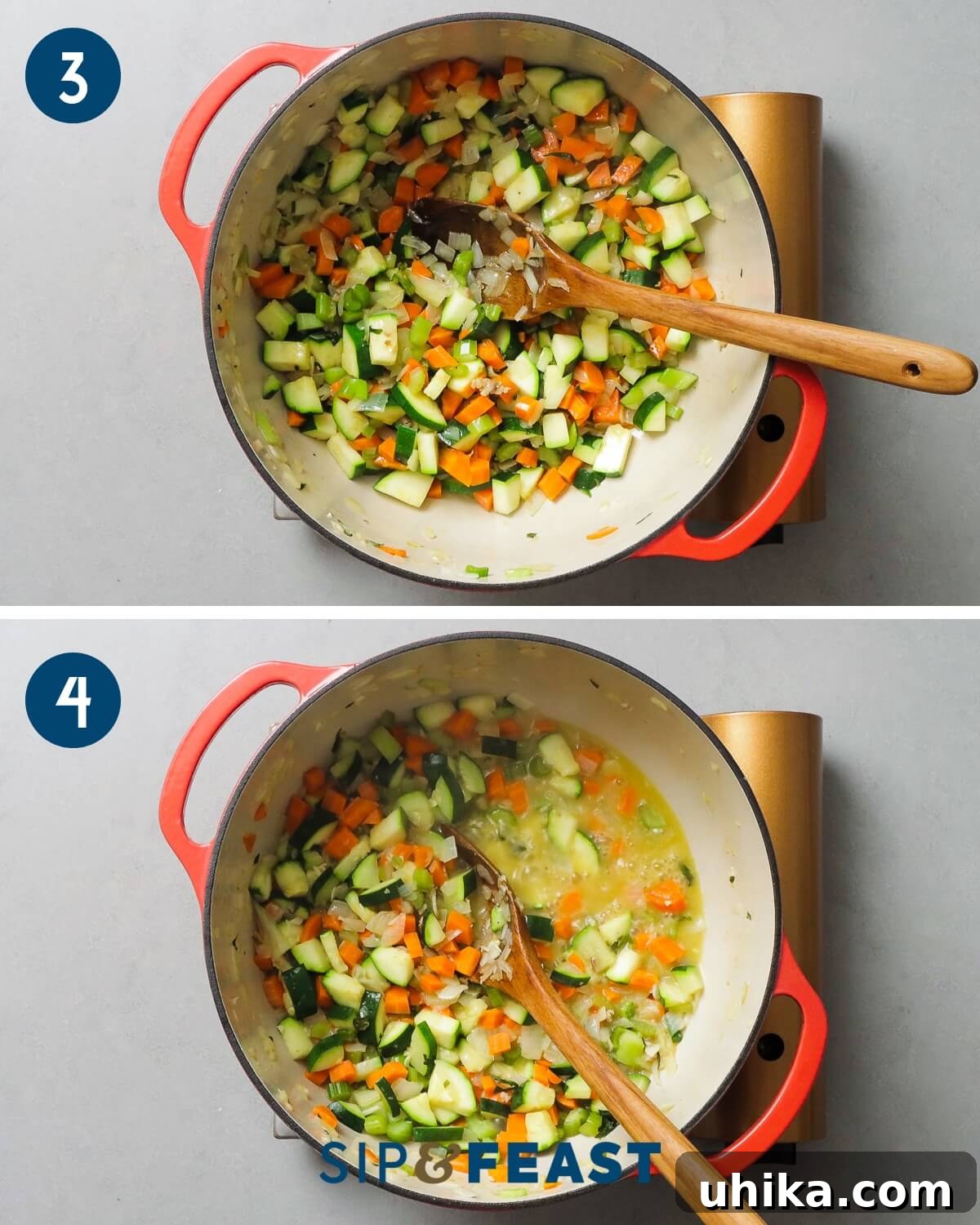 Rustic Sausage and Lentil Pot 5 Recipe collage number two showing adding zucchini to the pot and deglazing with white wine.