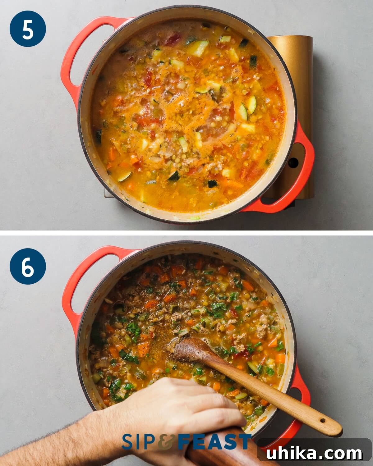 Rustic Sausage and Lentil Pot 6 Collage number three showing simmering of soup and finishing of soup with herbs, salt, and pepper.
