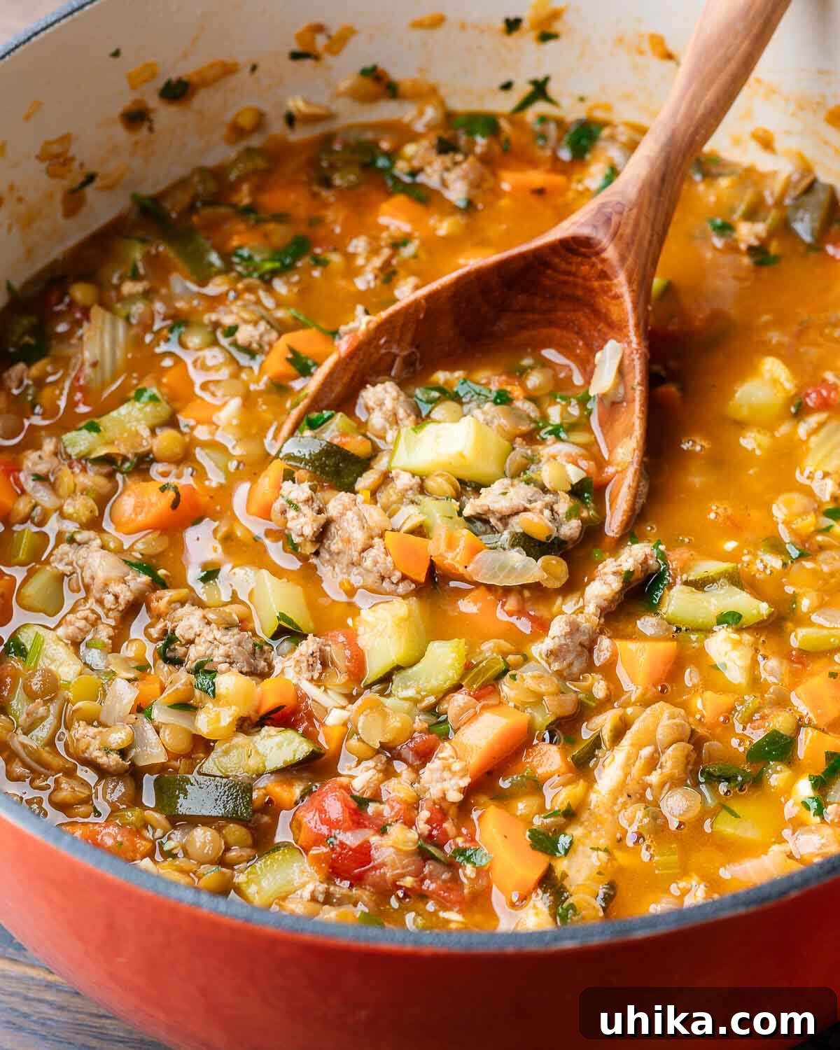 Rustic Sausage and Lentil Pot 7 Sausage lentil soup in large Dutch oven with wooden ladle.