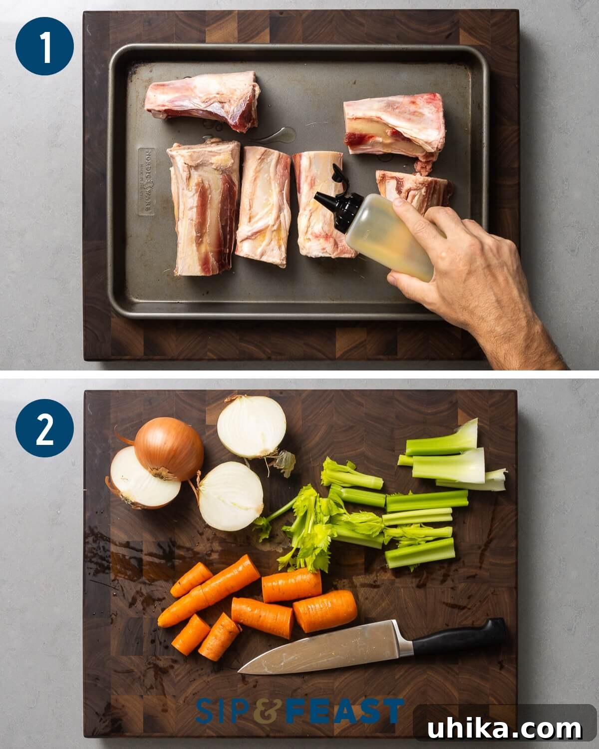 Liquid Gold Beef Stock 4 Beef stock recipe collage number one showing oiling beef bones on baking sheet and chopping of vegetables.