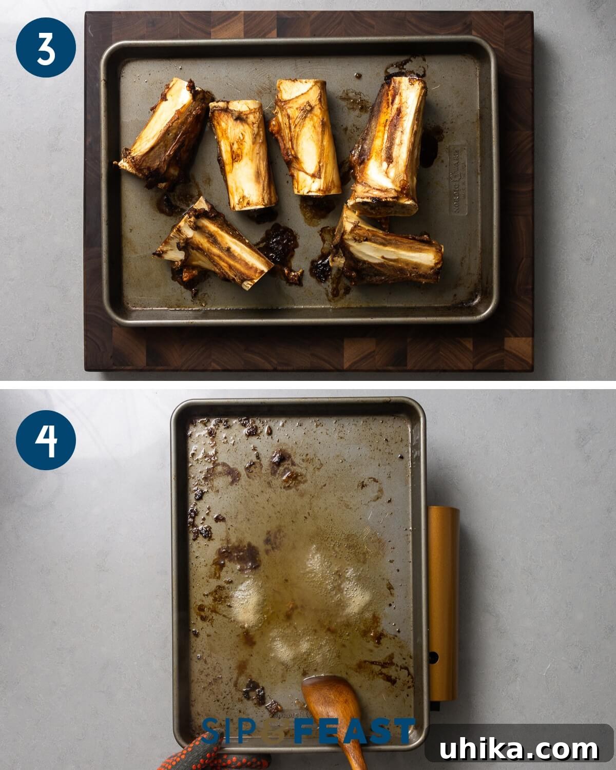 Liquid Gold Beef Stock 5 Recipe collage two showing roasted beef bones on baking sheet and deglazing baking sheet on top of burner.