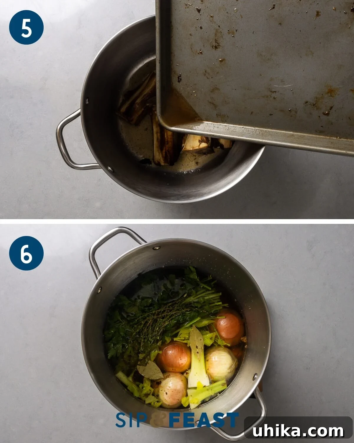 Liquid Gold Beef Stock 6 Recipe collage three showing pouring liquid into stockpot and stockpot filled with all ingredients.