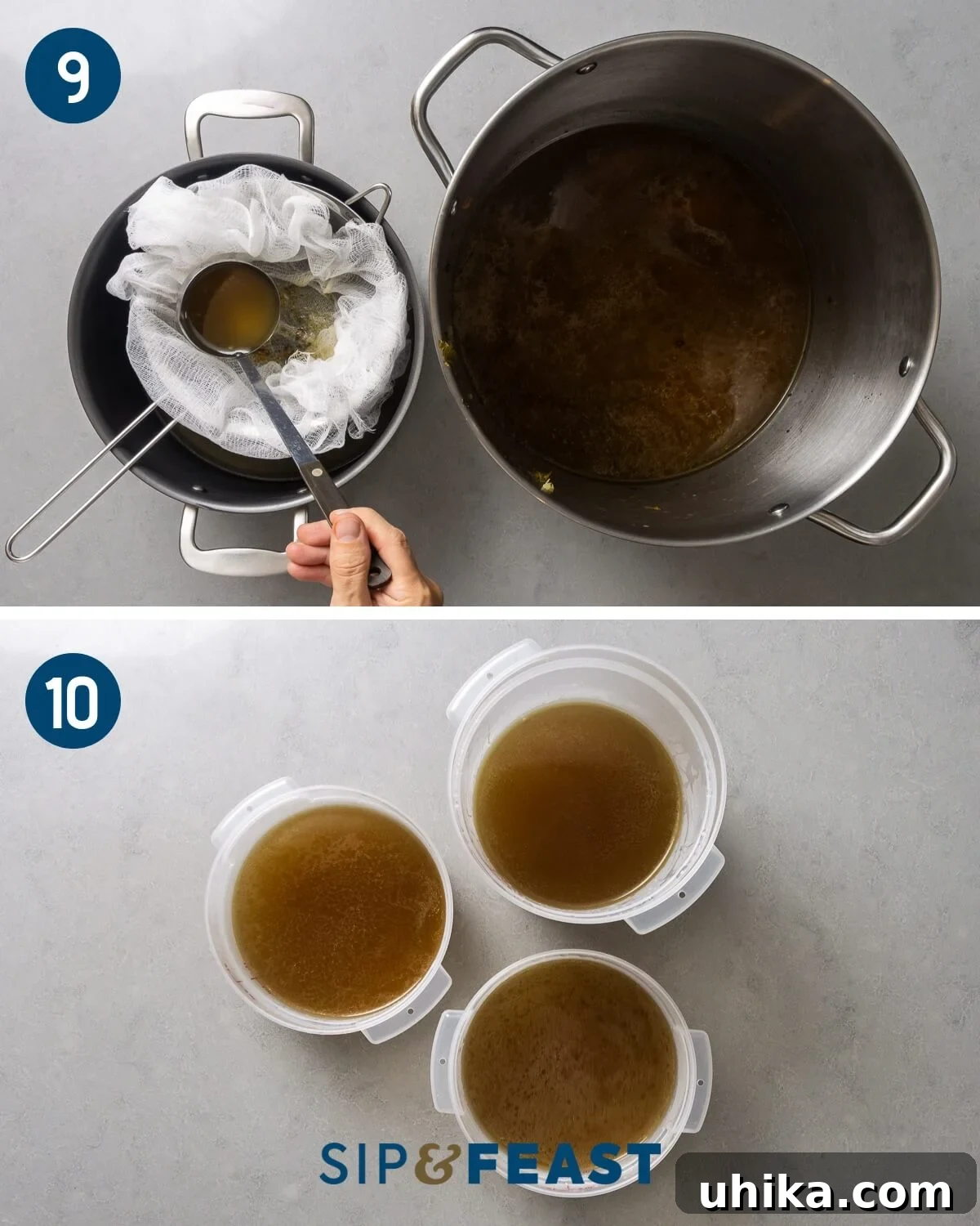Liquid Gold Beef Stock 8 Collage number five showing pouring beef stock through strainer lined with cheesecloth and 3 large Cambro containers of beef stock.