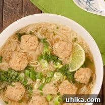 An overhead view of a bowl of soup with thin rice noodles and Vietnamese chicken meatballs, garnished with chopped scallions, cilantro, and lime slices.