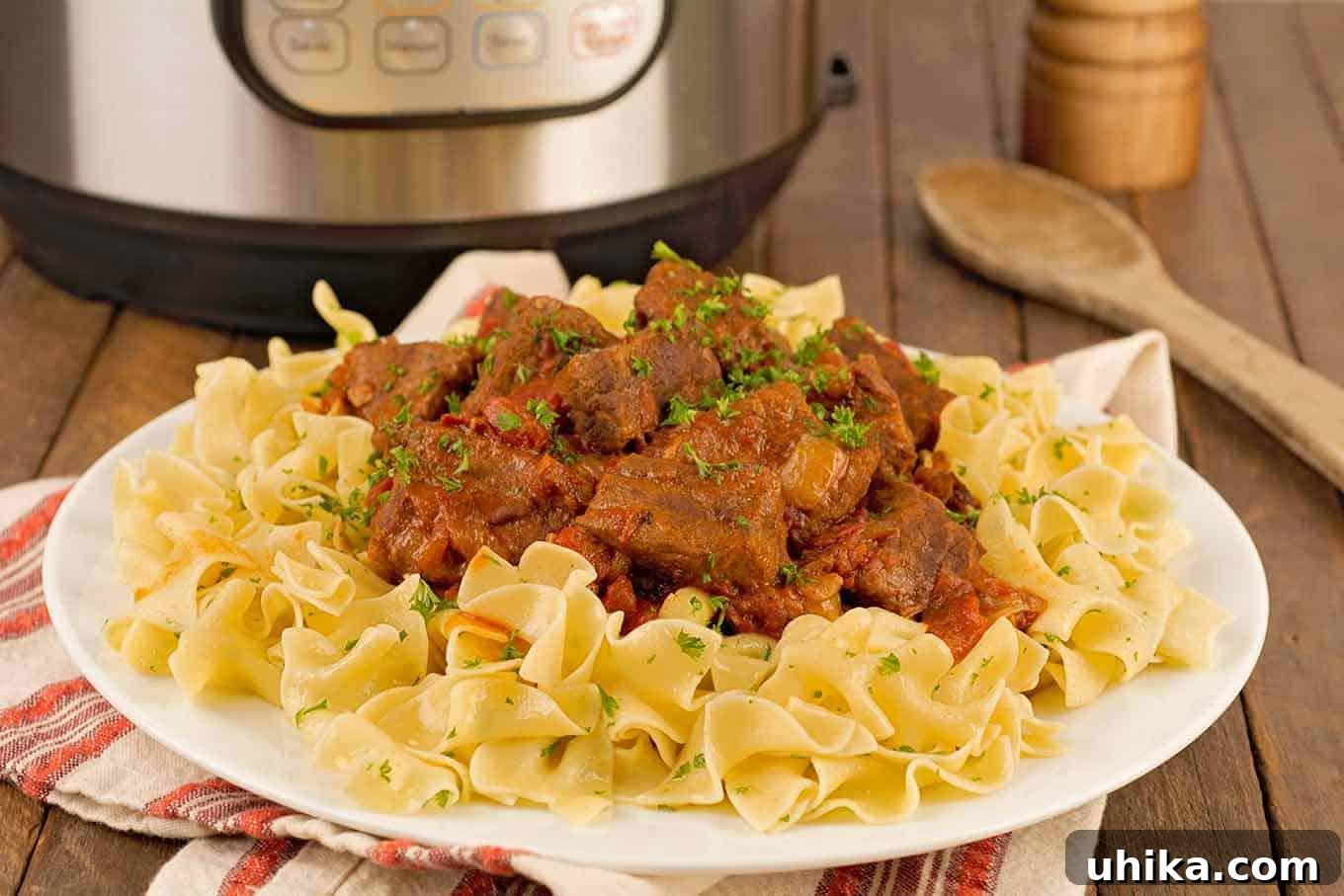 A close view of a plate of beef goulash served over egg noodles and garnished with chopped parsley, a wooden spoon, pepper mill, and Instant Pot in the background.