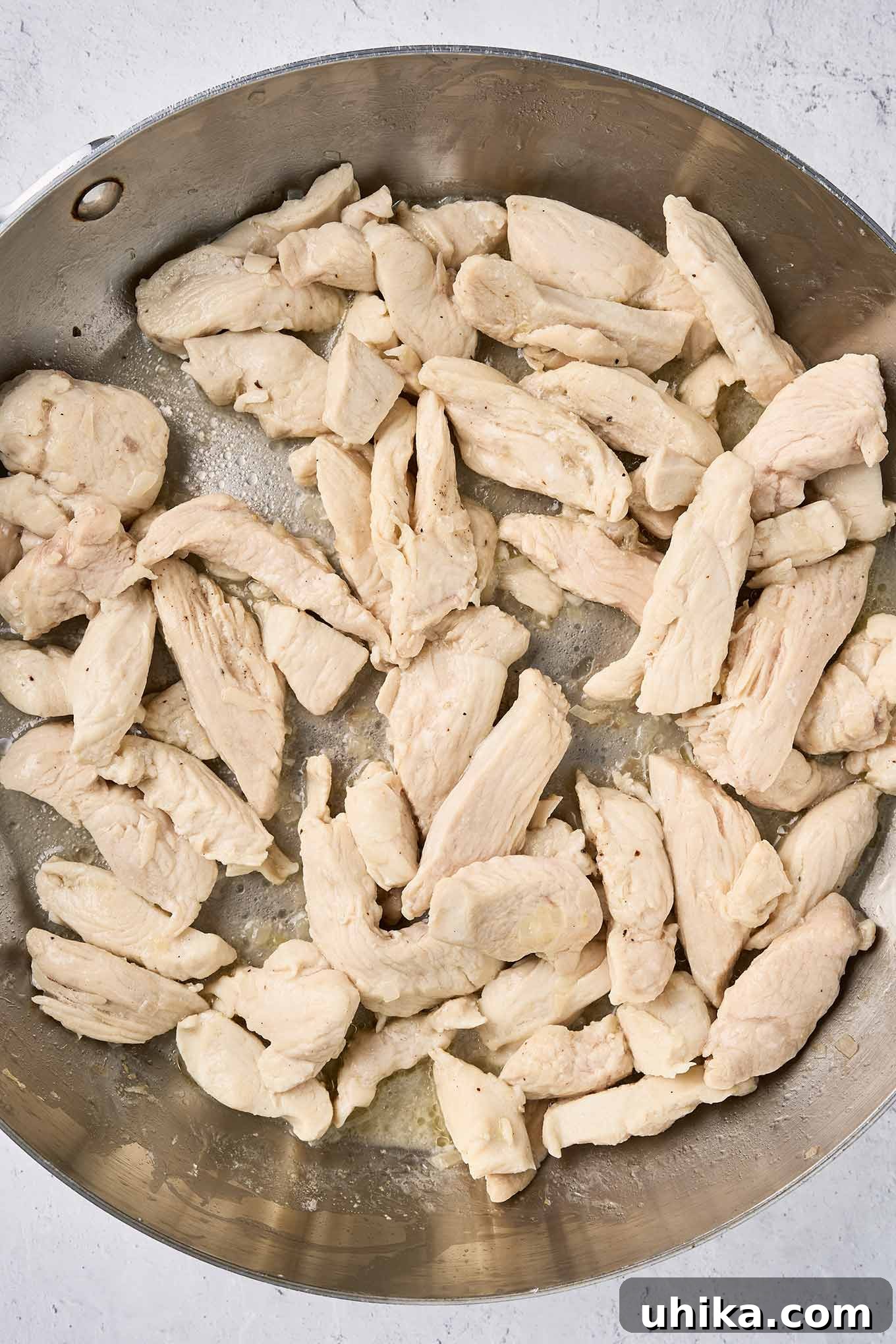 Nutty Brown Butter Chicken Pasta 5 Step one making brown butter pasta with chicken - strips of boneless, skinless chicken breasts lightly sautéed in butter with minced shallots.