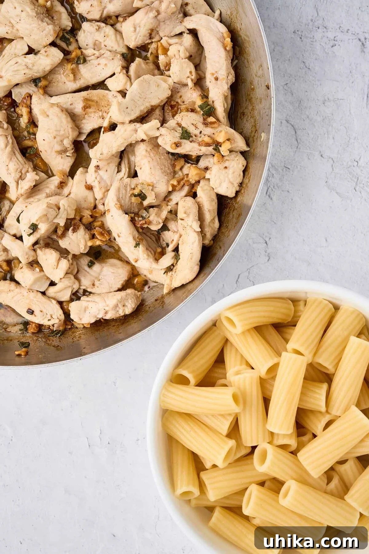 Nutty Brown Butter Chicken Pasta 7 Preparing brown butter pasta with chicken, ready to combine the chicken and brown butter mixture with cooked rigatoni.