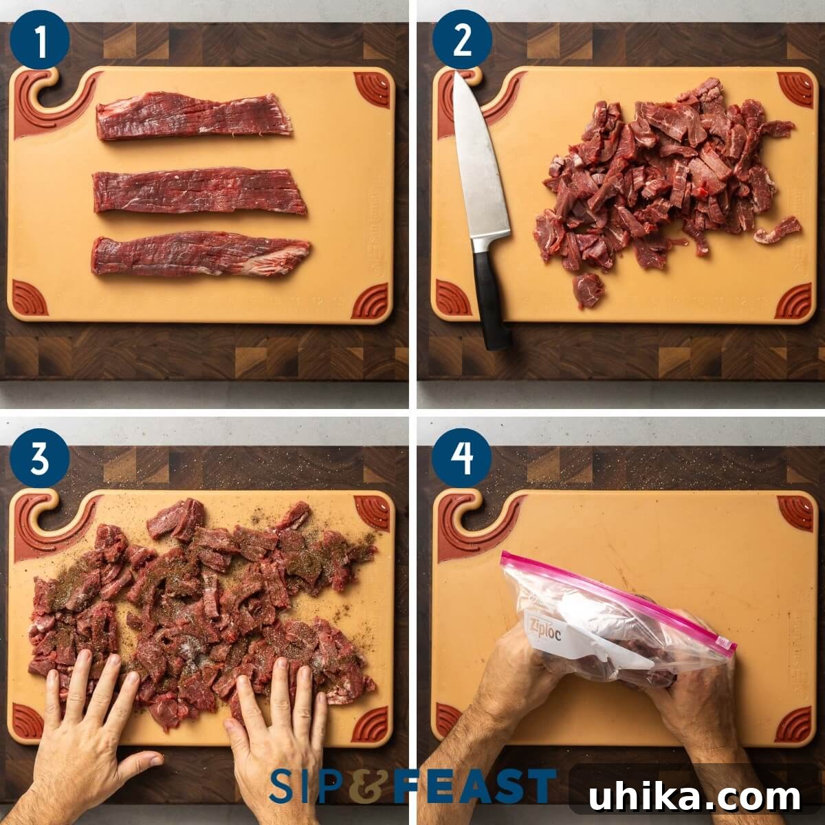 Velvety Beef Stroganoff 3 Beef stroganoff Four pic collage group number one showing cutting flank steak into small pieces and marinating with spices in plastic bag.