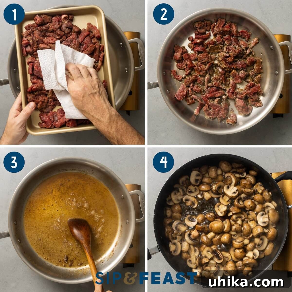 Velvety Beef Stroganoff 4 Four pic collage searing beef in large pan, deglazing pan, and sauteing mushrooms.