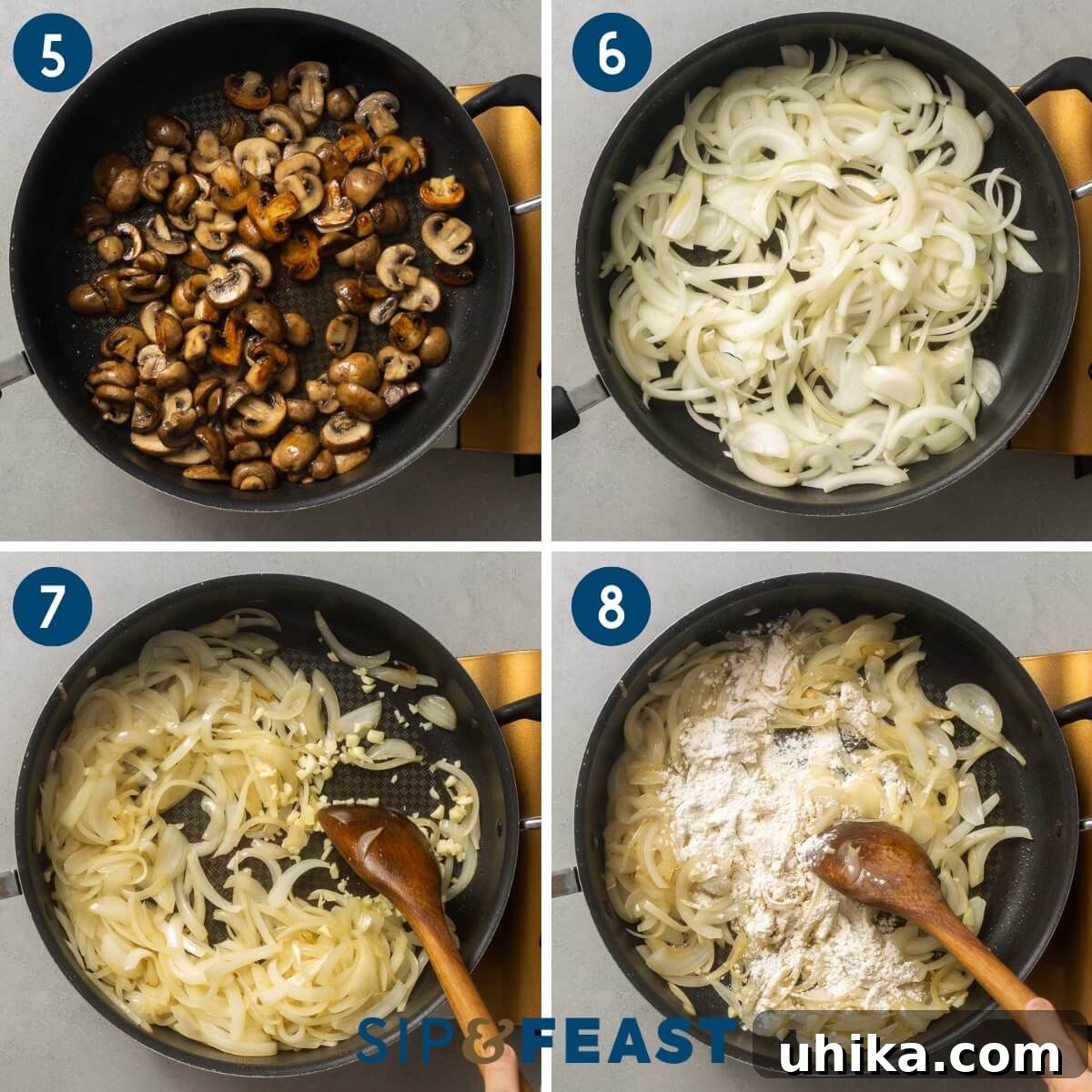 Velvety Beef Stroganoff 5 Recipe collage number two showing browning mushrooms, sauteing onions and garlic, and adding flour to the pan.